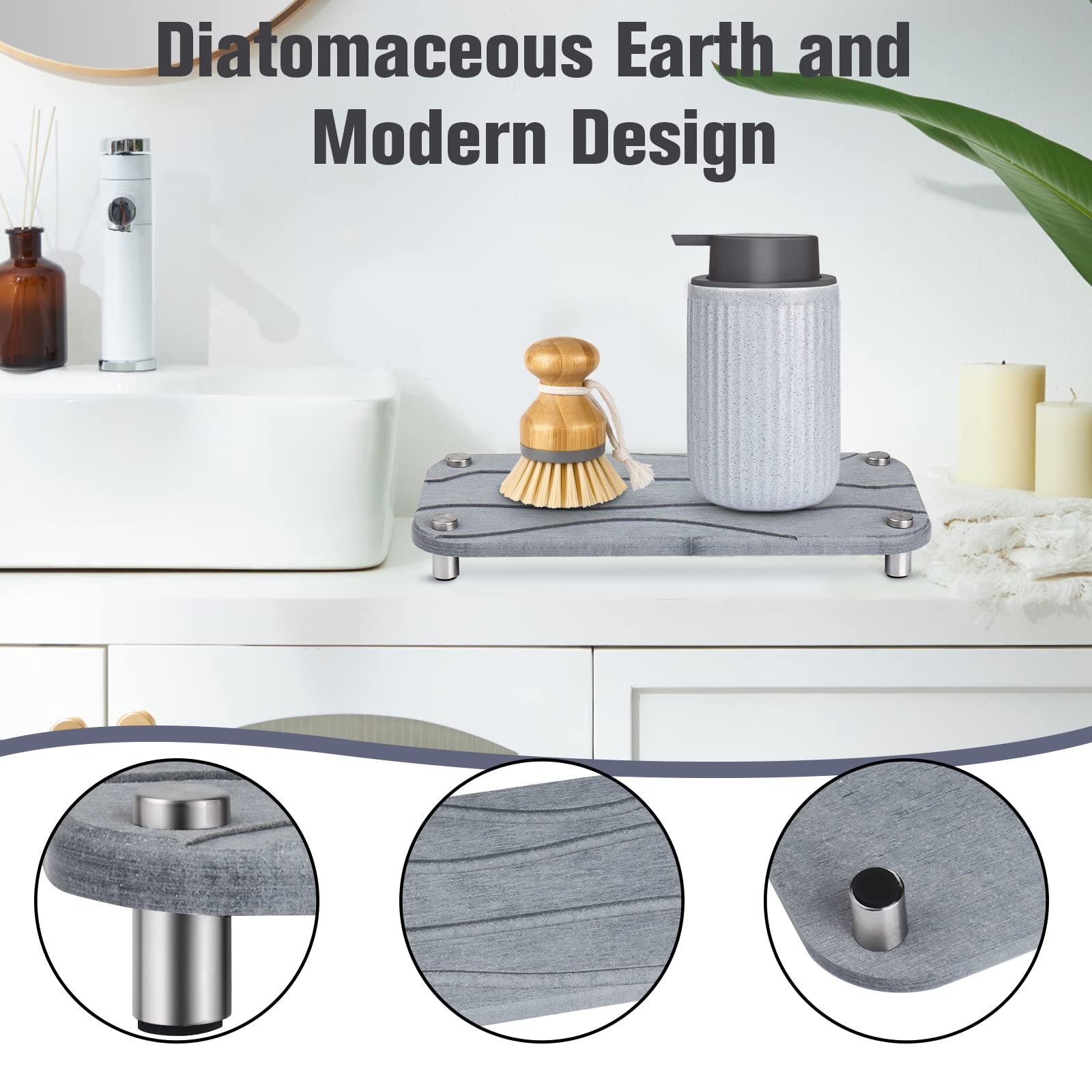 2Pcs Kitchen Sink Caddy, Water Absorbing Stone Trays - Quick Dry Diatomite Sink Caddies For Kitchen & Bathroom, Sponge And Soap