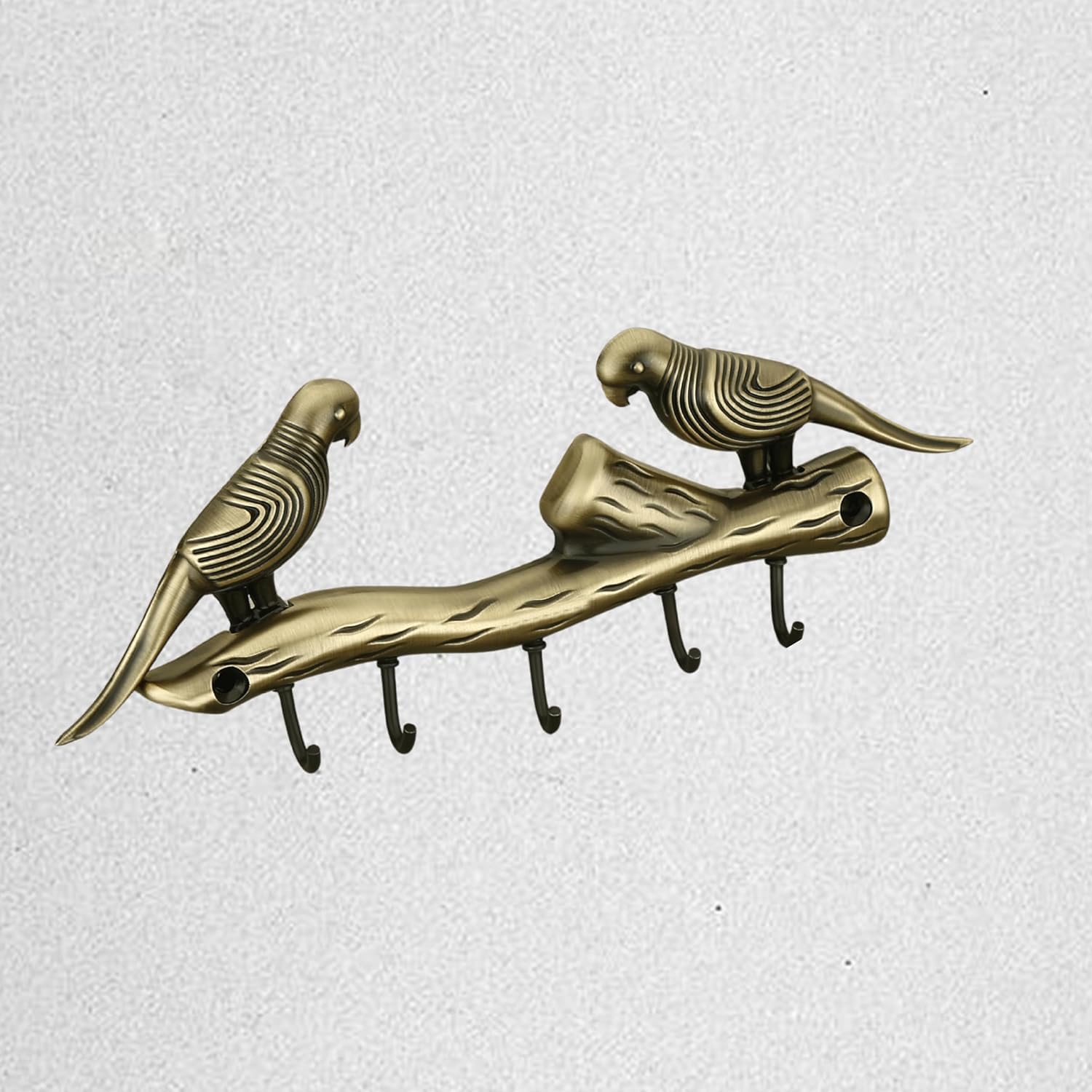 Indeed Love Bird Key Holder | Two Parrots Brass Key Stand & Wall Mount Hanger with 5 Hooks | Home Decor & Housewarming Gift 21x7