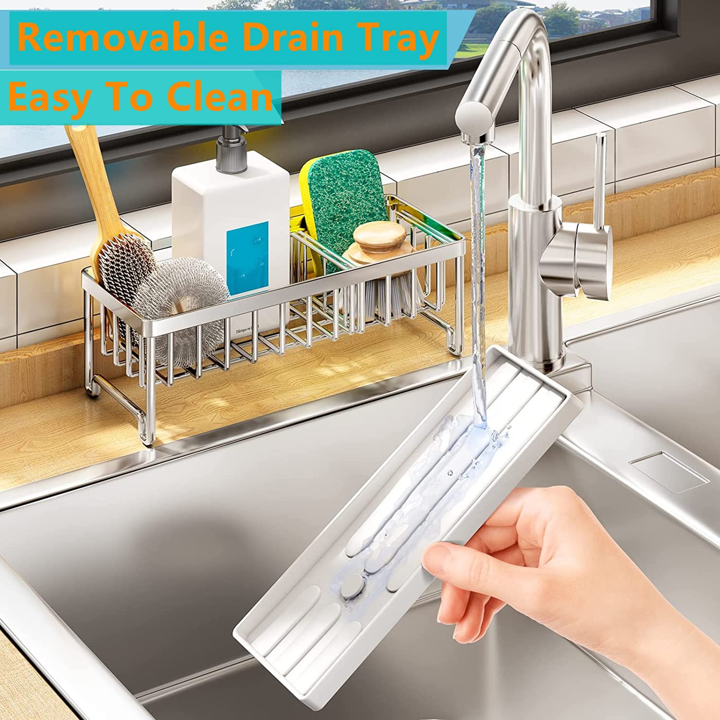 JYFKINN Kitchen Sink Sponge Holder  Kitchen Sink Caddy 304 Stainless Sponge Holder for Kitchen Sink Sponge Organizer with Divider Diversion Drainage  Dish Soap Dispenser Brush Holder Storage
