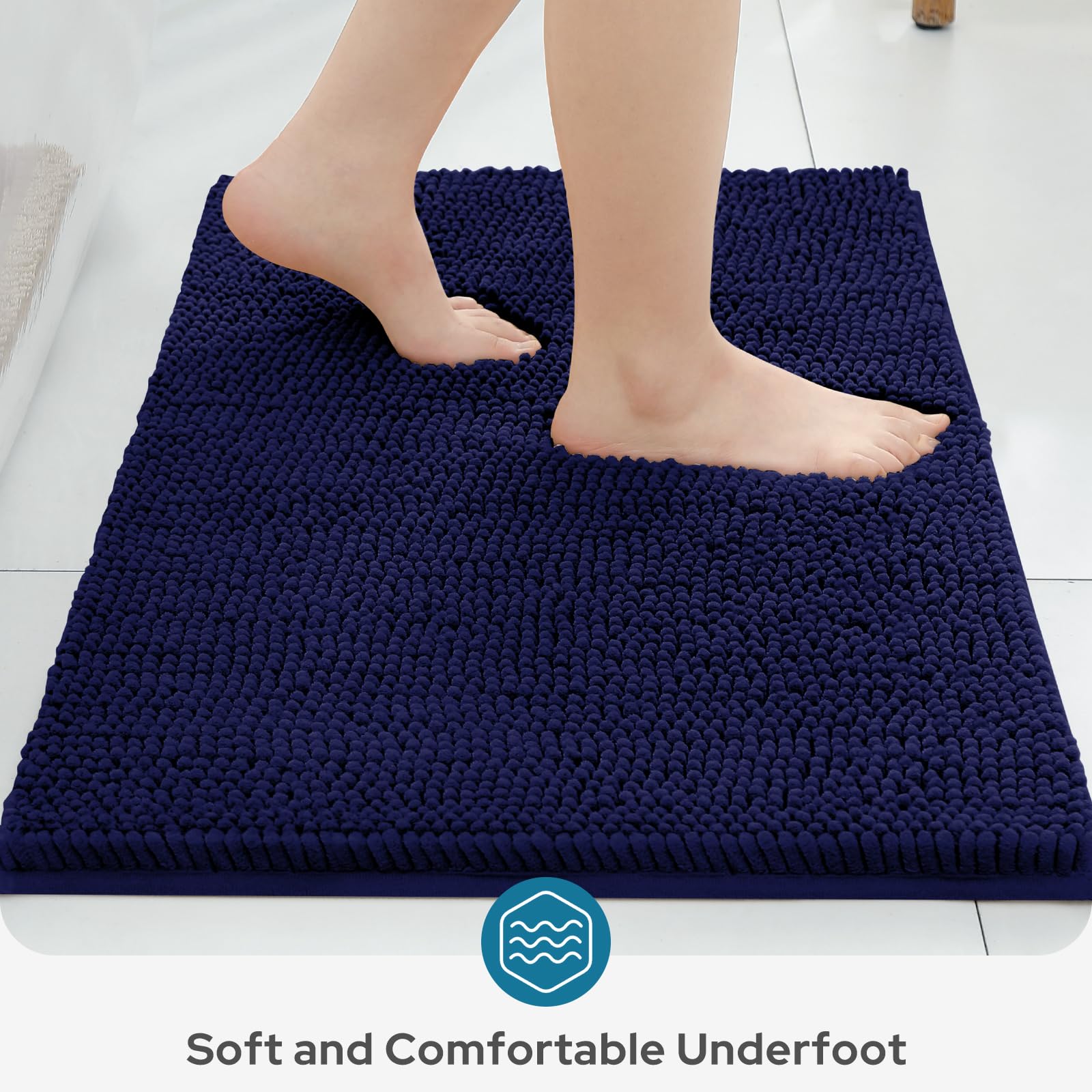 BYSURE Navy Blue Bathroom Rugs Sets 3 Piece Non Slip Extra Absorbent Plush Chenille Soft Washable Bath Rugs and Mats Set