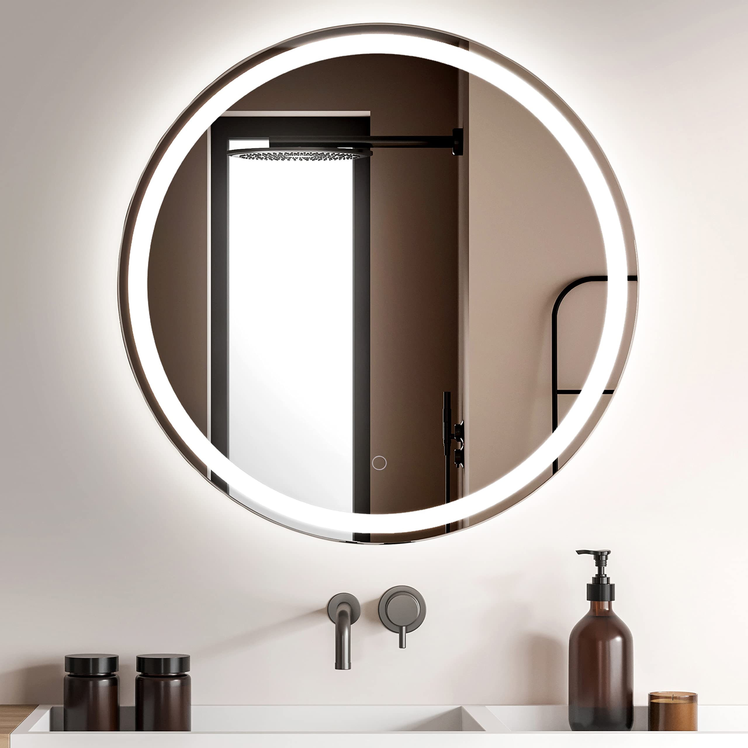 JONATHAN Y MIR101A-27R Dane 27'' Round Frameless Anti-Fog Aluminum Front/Back-lit Tri-Color LED Bathroom Vanity Mirror with Smart Touch Control  White  27'' high x 27'' Wide x 1.25'' deep