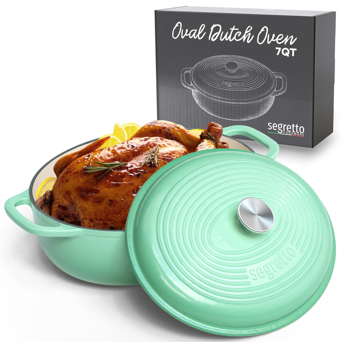 Segretto Cookware Enameled Oval Cast Iron Dutch Oven With Handle 7-Quarts Verde Chiaro (Light Green) 7 Qt Enamel Cast Iron Dutch