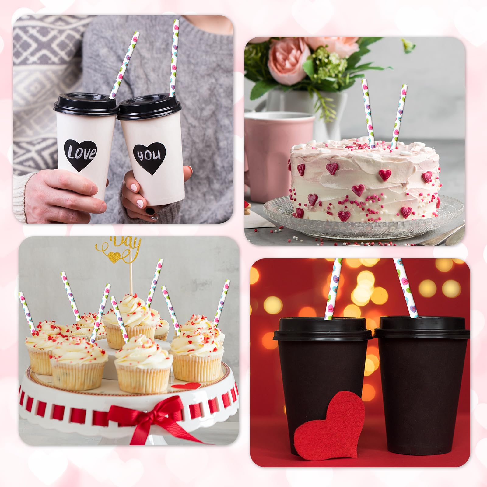 Whaline 200Pcs Valentine'S Day Paper Straws Conversation Heart Disposable Drinking Straws Candy Color Heart Decorative Straws Fo