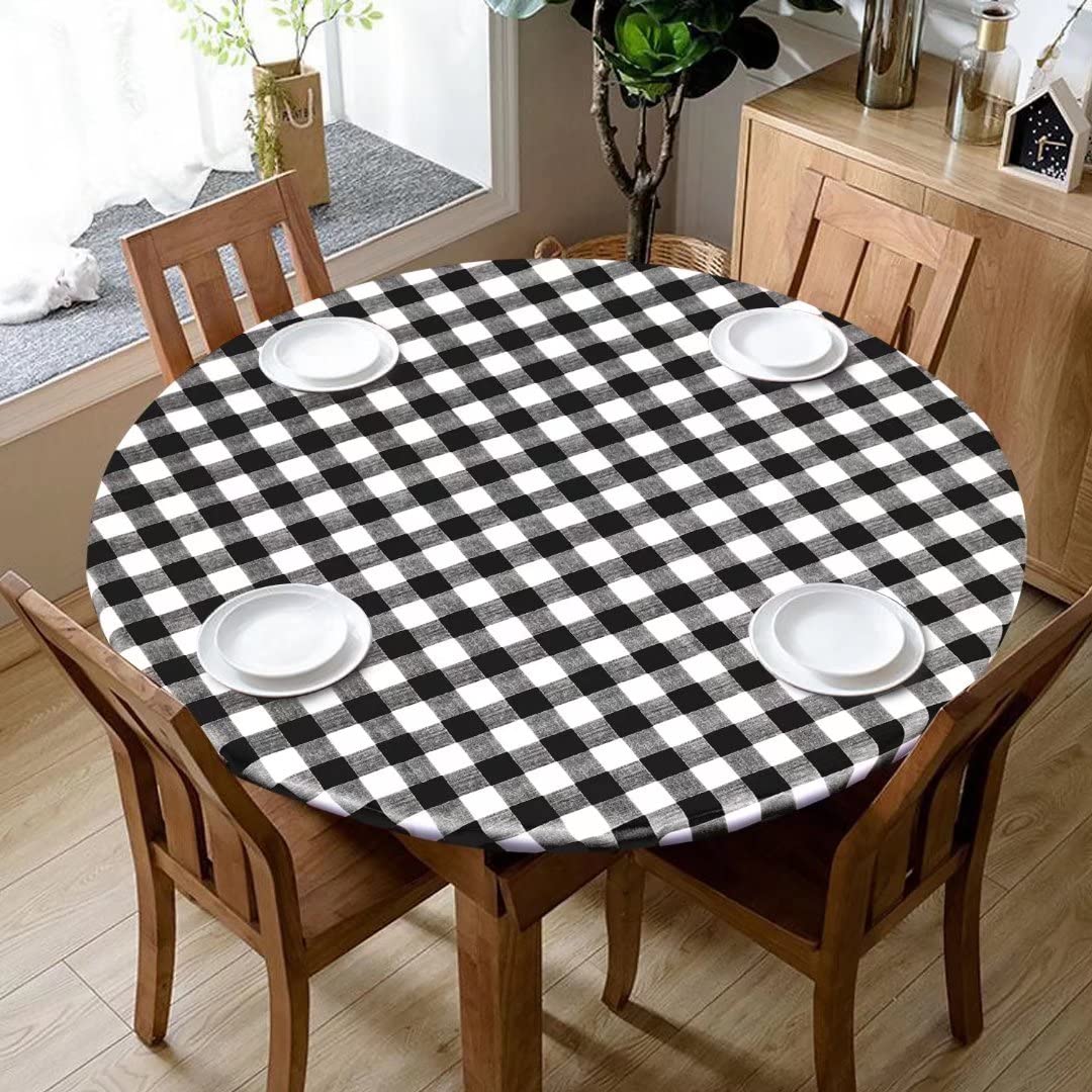 Fitable Vinyl Fitted Tablecloth Round, Black And White - Waterproof Checkered Elastic Tablecloth Flannel Backed Gingham Table Co