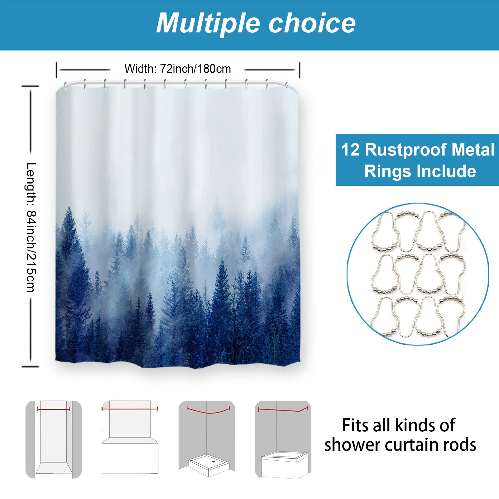 Ortigia Blue Misty Forest Shower Curtains,Nature Mountain Shower Curtain,Woodland Shower Curtain,Fall Fantasy Fog Magic Tree Bat