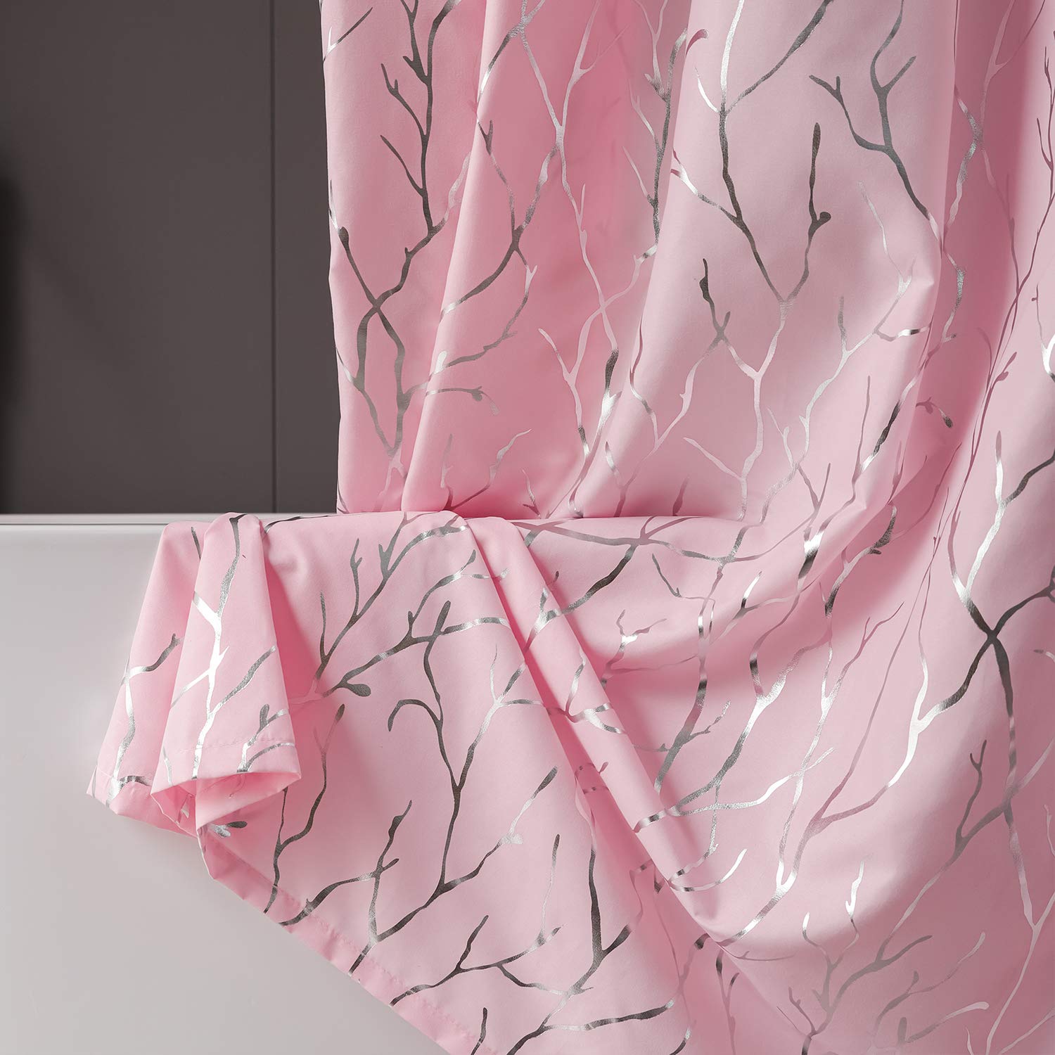 Finecity Pink Artistic Shower Curtain Set - Metallic Silver Foil Tree Branch Pattern Print Grommet Shower Curtain With 12 Hooks