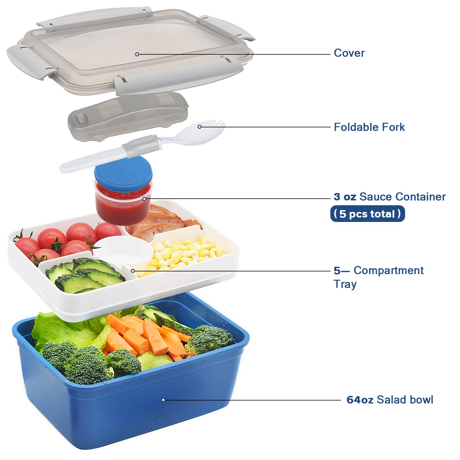 Shopwithgreen 64 Oz Salad Containers To Go For Lunch (3 Pack), Bento Box With Dressing Pots & 5-Compartment Removable Tray, Micr