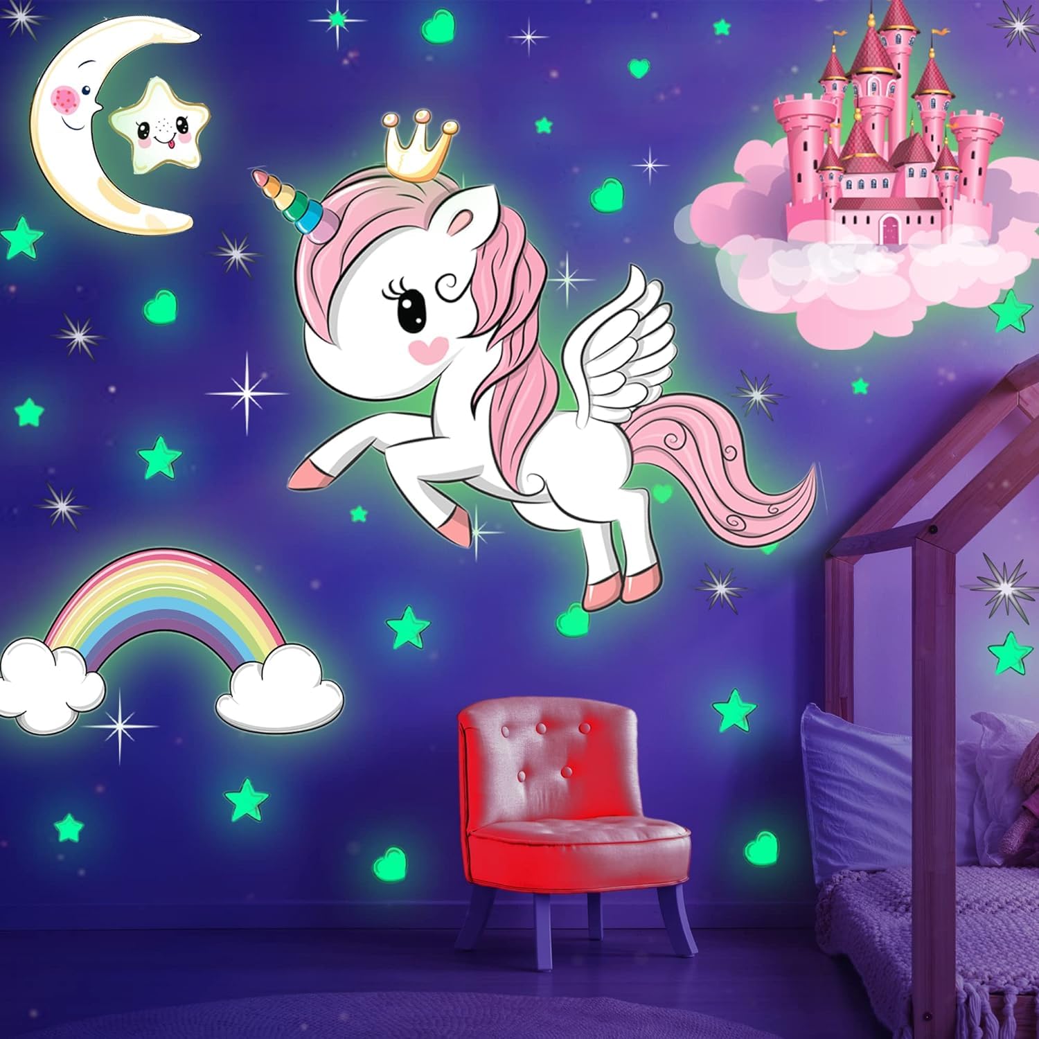 Glow In The Dark Stars, Glowing Unicorn Sets With Castle Moon And Rainbow Wall Decals For Kids Bedding Room, Great For Birthday