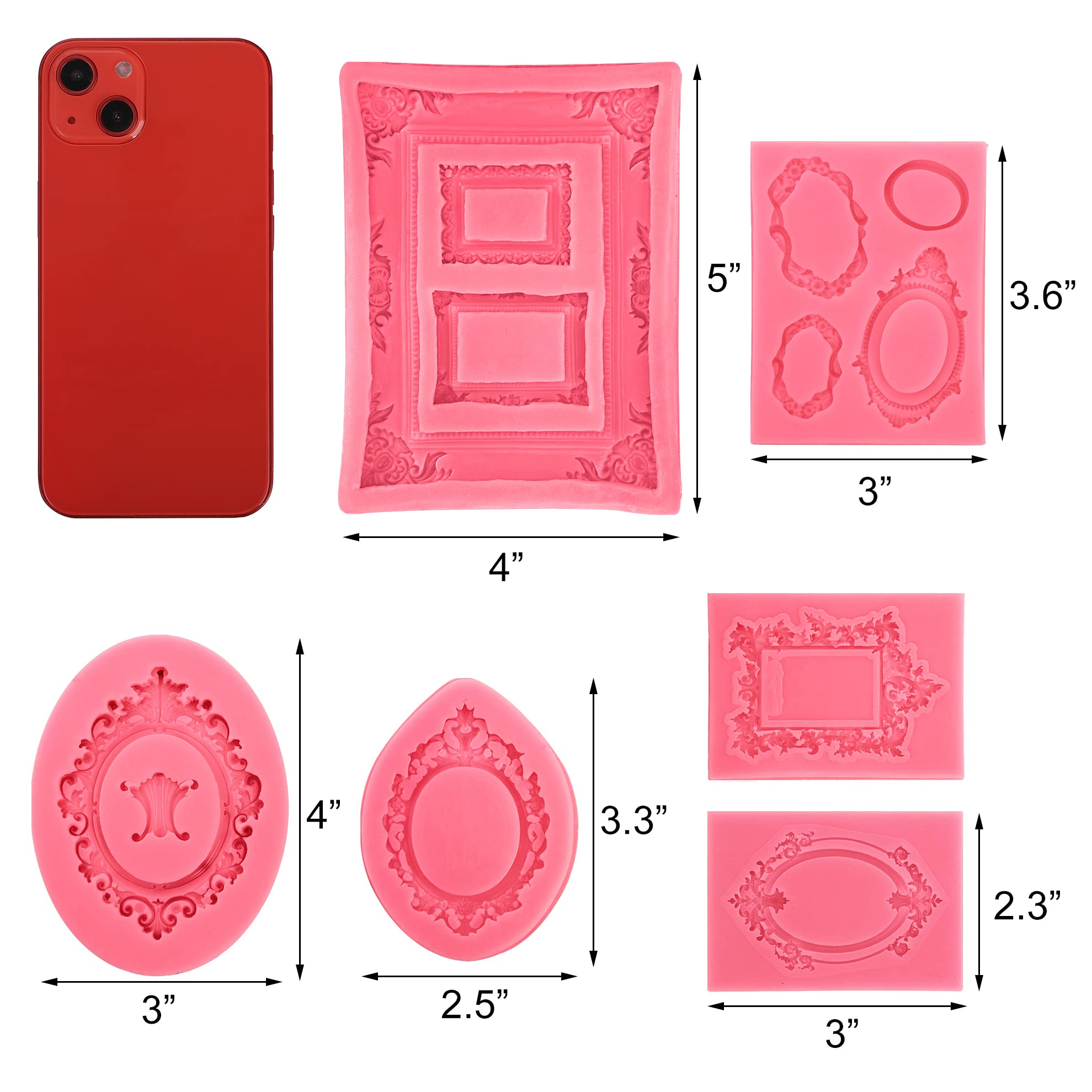 Elsjoy 6 Pieces Picture Frame Silicone Fondant Molds, Pink Cake Mold Vintage Photo Frame Fondant Mold For Cake Decorating, Sugar