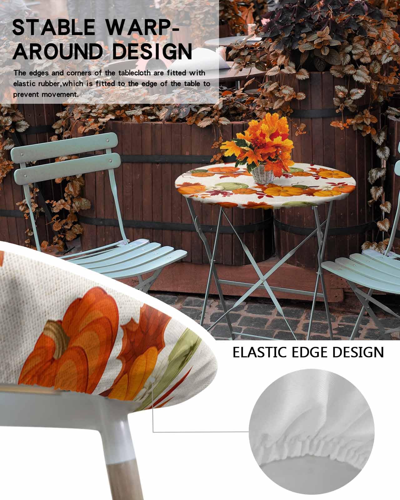 Chucoco Thanksgiving Day Round Fitted Table Cover For Dining Tables,Elastic Edged Tablecloth Autumn Maple Leaf Pumpkins Vines Wa