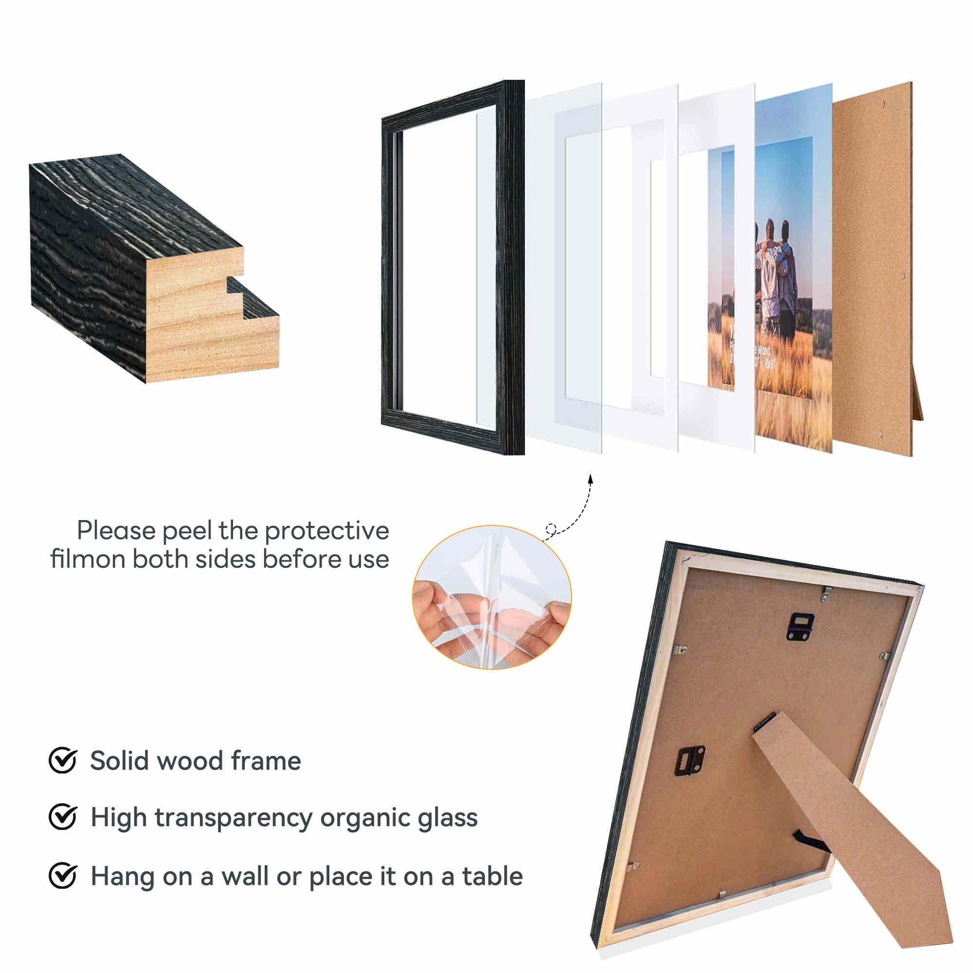 11x14 Hanging Picture Frames,Solid Wood,Not Glass,Display Pictures 5x7,8x10 with Mat or 11x14 Without Mat,Stable Sturdy Picture
