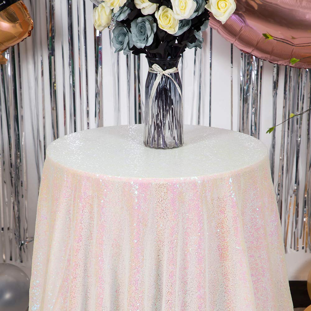Jyflzq White Iridescent Sequin Tablecloth 70 Round Sparkly Drape Table Cloths Table Cover Overlay For Wedding Birthday Party Bab