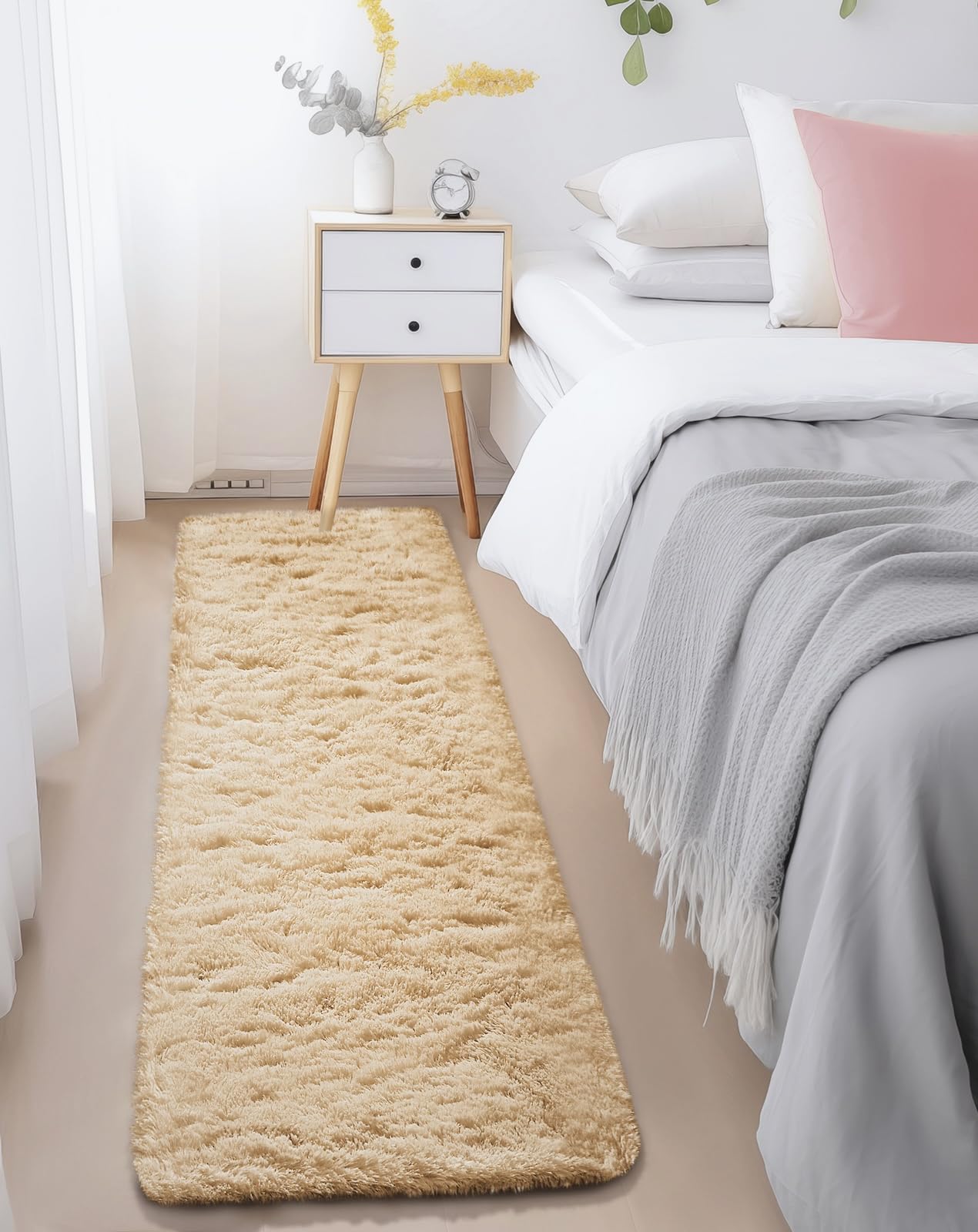 Ophanie Runner Rug for Hallway, 2x6 Upgrade Non-Slip Fluffy Soft Bedside Rugs, Bedroom Living Room Beige Shaggy Carpet for Kids