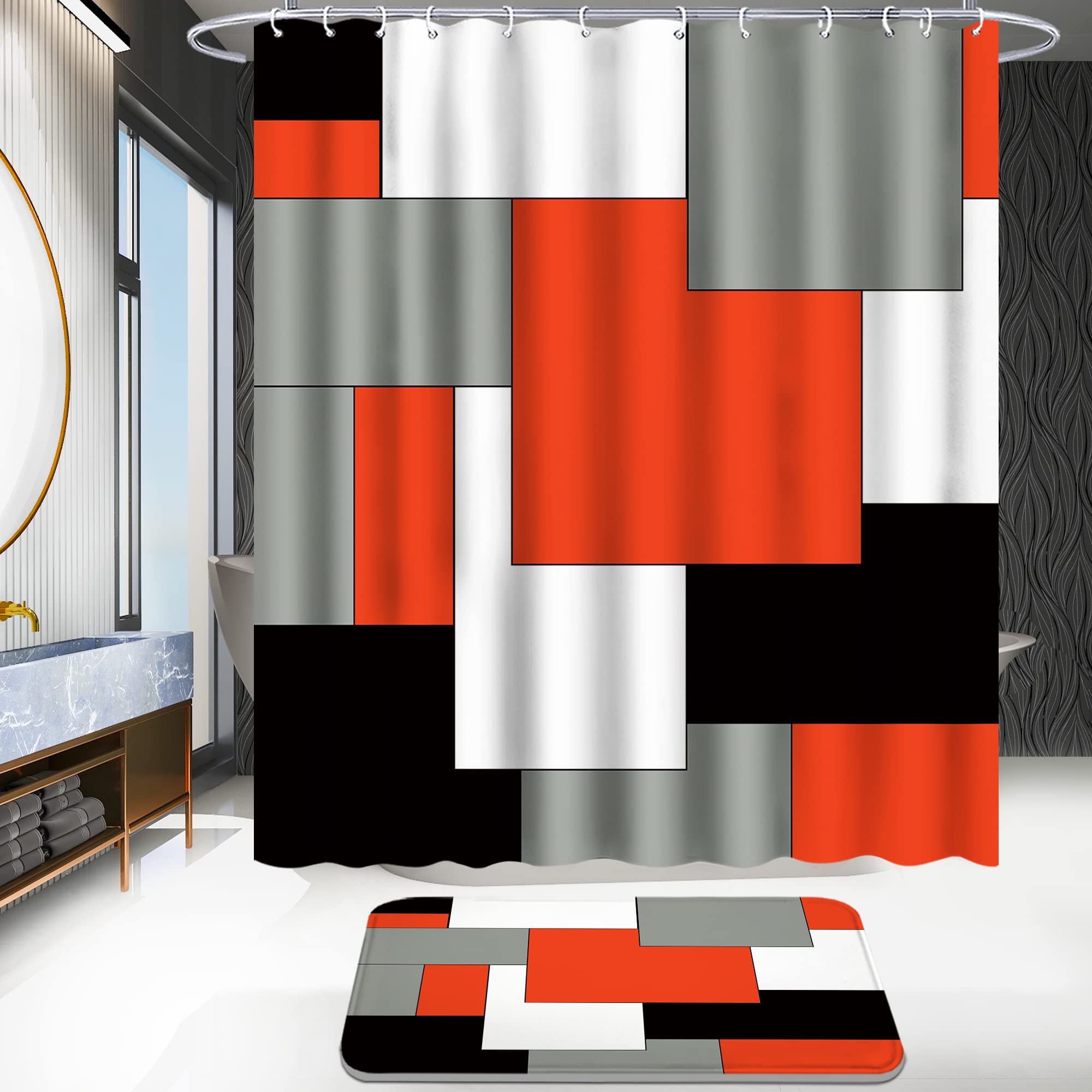 Poedist 4 Pcs Bathroom Decor Shower Curtain Set with Rugs and Accessories Red and Black Geometric Squares Shower Curtain Sets Include Bath Mat U Shape and Toilet Lid Cover Mat with 12 Durable Hooks