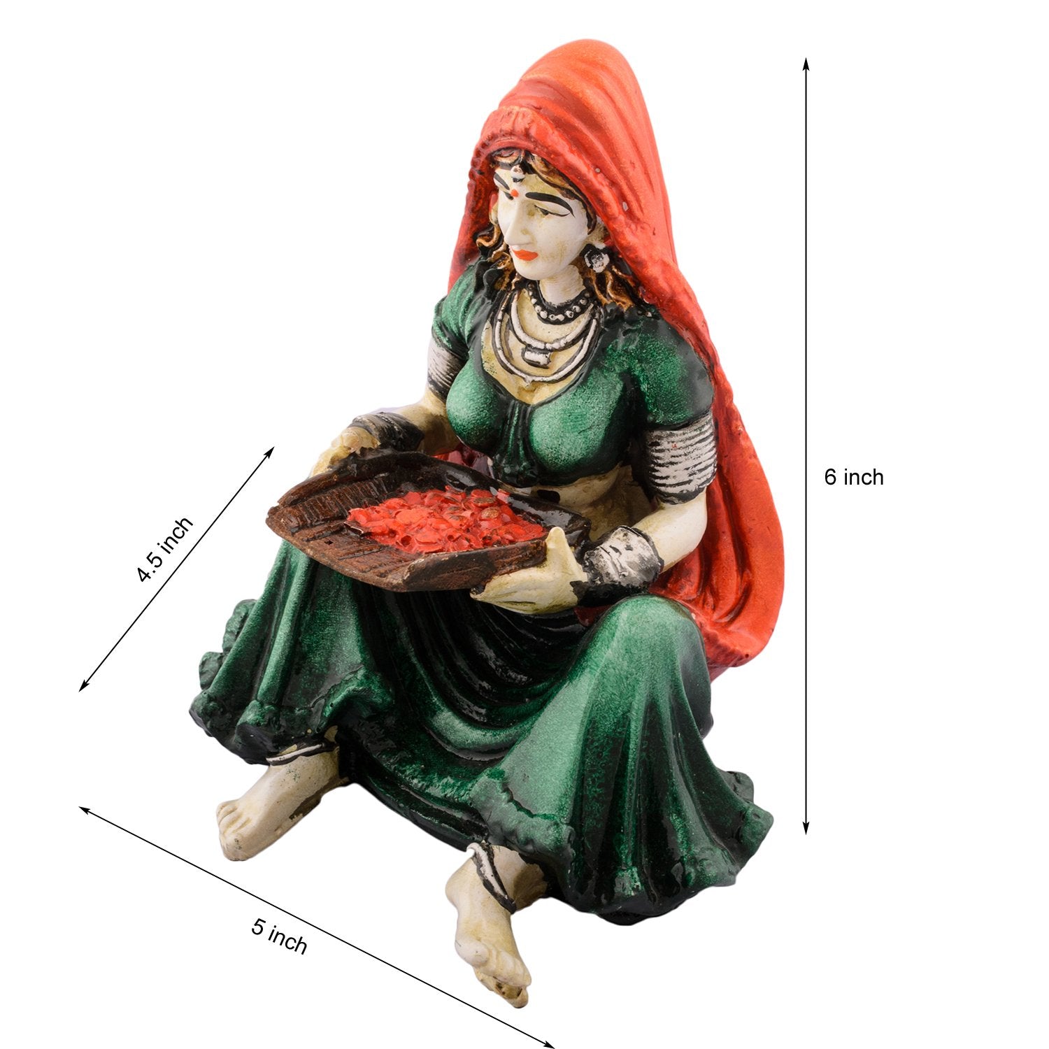 Ecraftindia Rajasthani Lady Showpiece Polyresin Statue (12.5 Cm X 11.25 Cm X 15 Cm, Green And Orange)