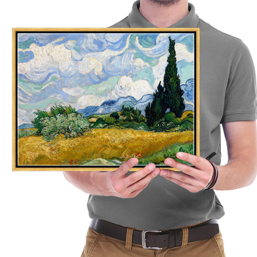 Wieco Art Framed Wall Art Of Wheat Field With Cypresses By Vincent Van Gogh Paintings Reproduction Abstract Canvas Prints For Ho