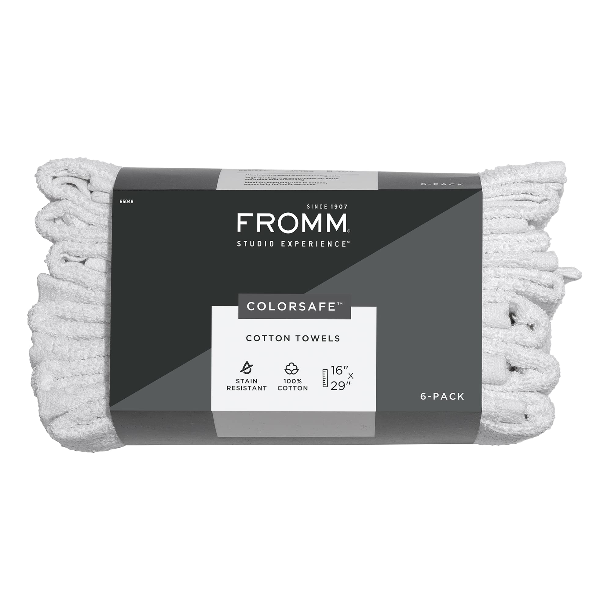 Fromm ColorSafe 100% Cotton Bleach Proof Salon Hair Towels for Hairstylists, Barbers, Spa, Gym in White, 16'' by 29'', 6 count A