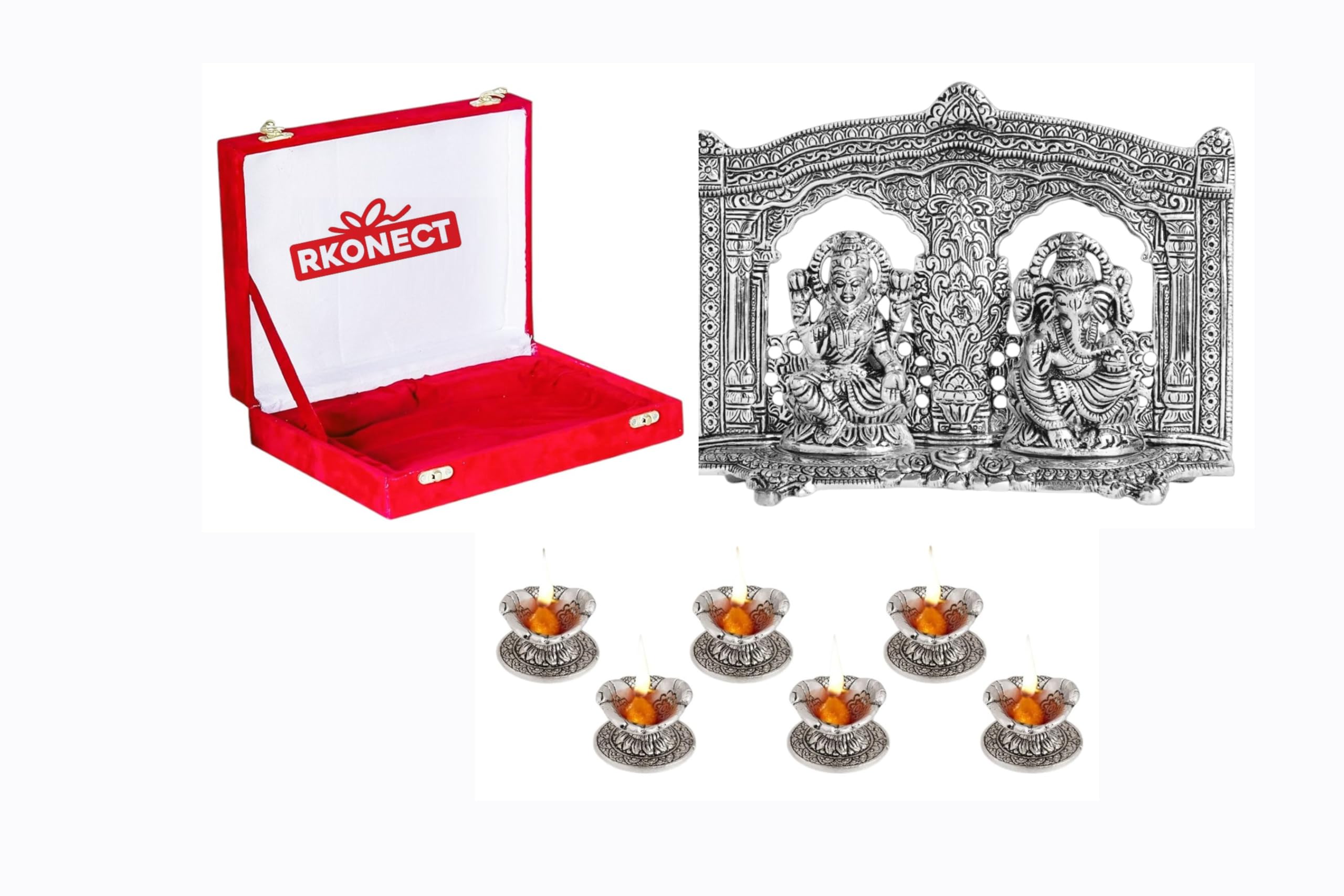 Rkonect Silver Metal Laxmi Ganesh Idol Murti With Oxidized Finish | Lakshmi Ganesha Murti With Beautiful Velvet Box And 6 Piece 
