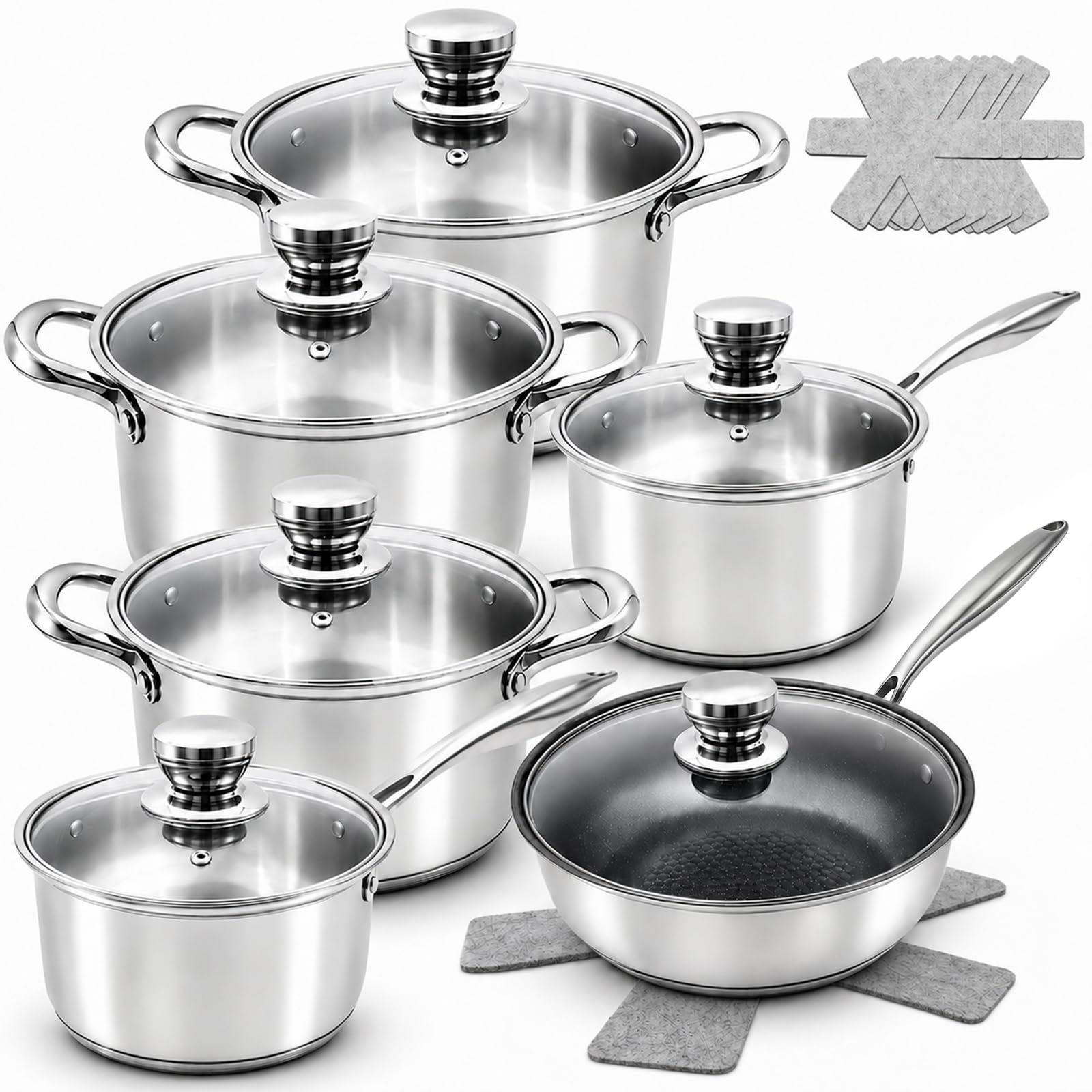 Lunalua Stainless Steel Cookware Set  18Piece Nonstick Cookware Set Includes 2 Milk Pots, 3 Stock Pots, 1 Frying Pans, 6 Trive