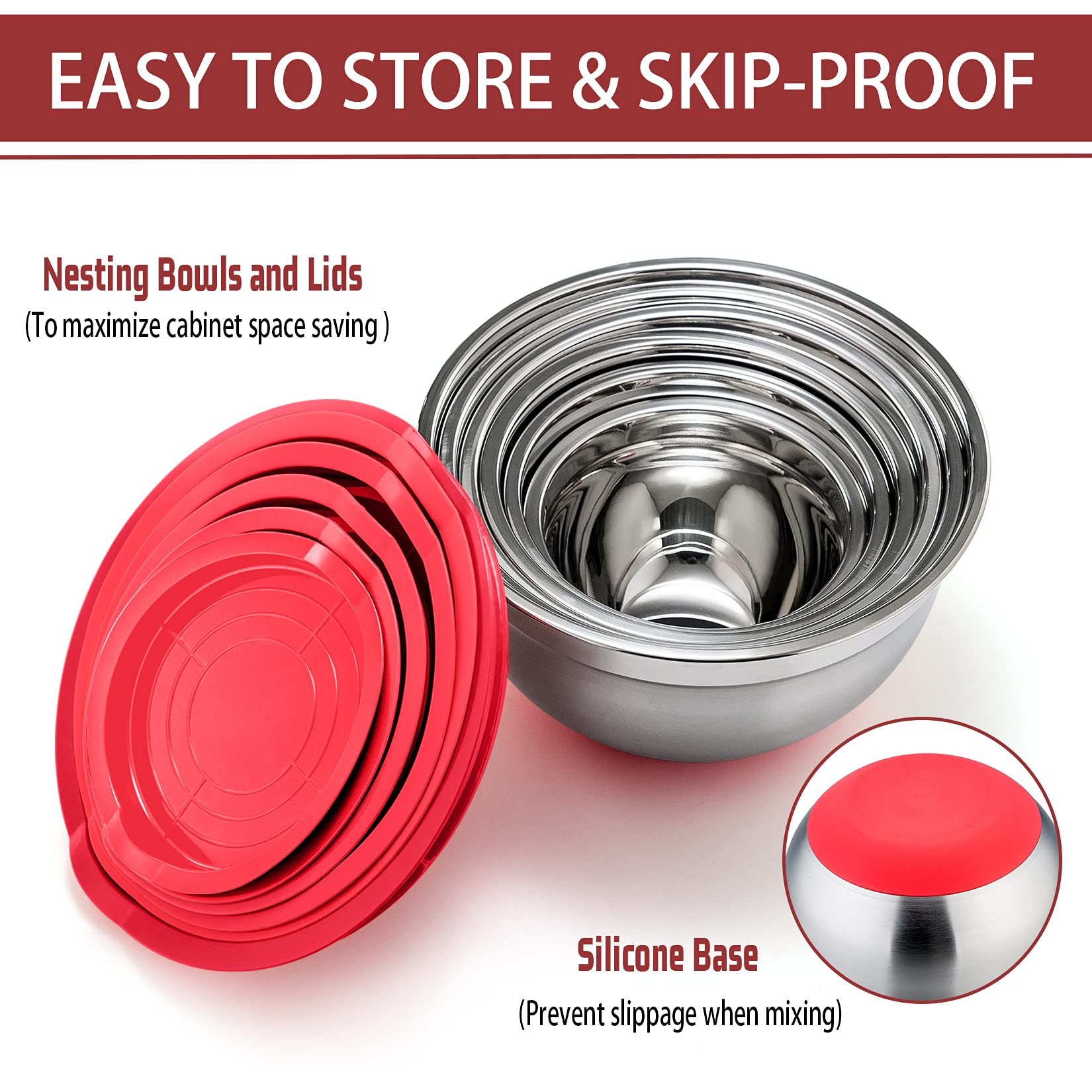 P&P Chef Red Mixing Bowls With Lid Set, Stainless Steel Nesting Salad Bowl And Tight Lid For Mixing & Serving & Perpping, Non-Sl
