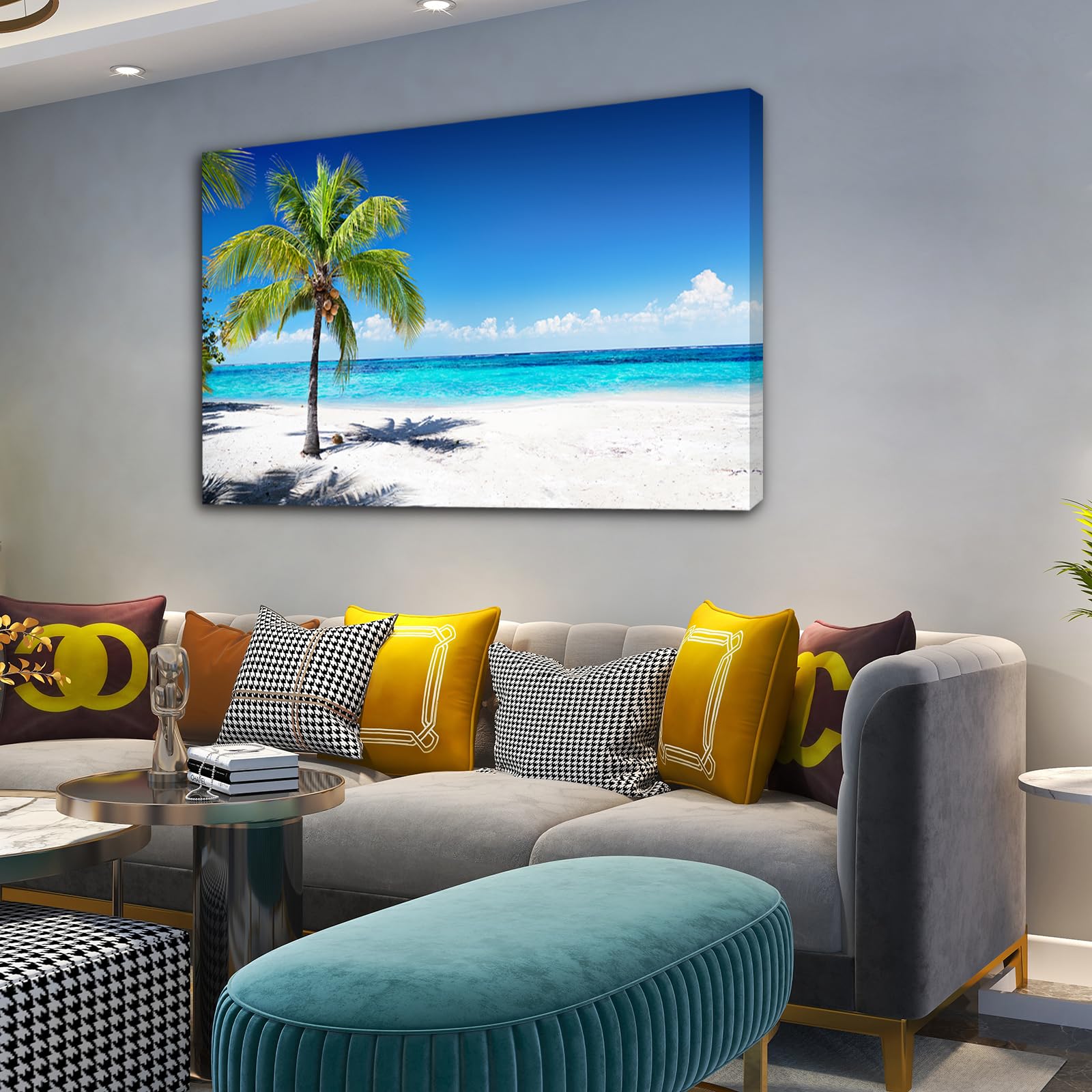 Baisuart-S03969 Large Canvas Wall Art Summer Ocean Waves Prints Coconut Trees on Sands Beach Seascape Painting Sea Nature Pictures Framed for Living Room Home Office Wall Decor Artwork