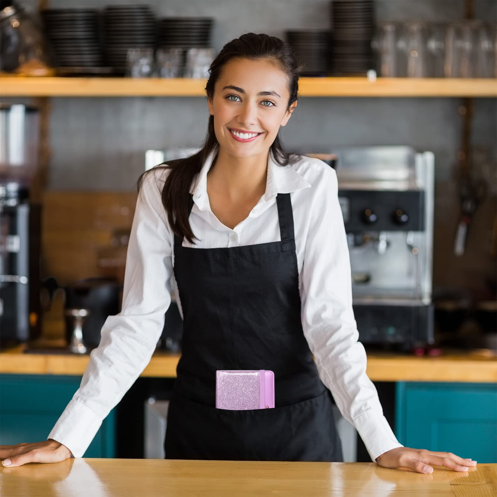 Server Book for Waitress-Leather Waitress Book Organizer with Zipper Pocket Cute Waiter Book Server Wallet with Elastic Band Closure  Glitter Purple