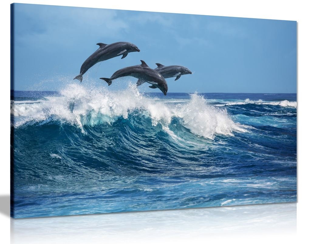 Dolphins Jumping Over Blue Waves Ocean Wildlife Canvas Wall Art Picture Print (24X16)