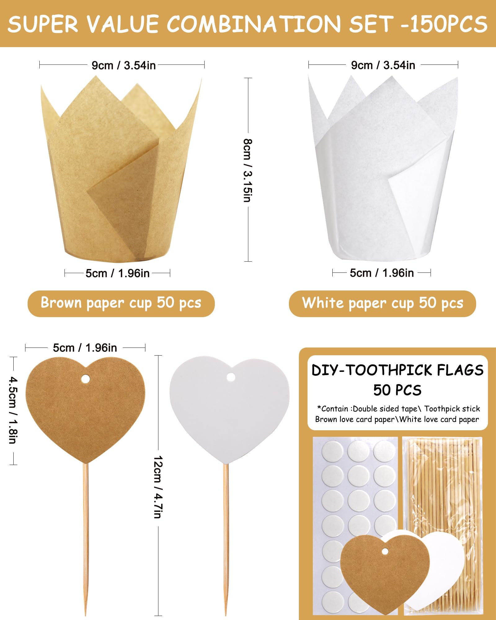 Blue Top 2 In 1 100Pcs Tulip Cupcake Liners And 50Pcs Diy Heart Cake Topper Set, Muffin Cupcake Cups, Cupcake Baking Cups, Perfe