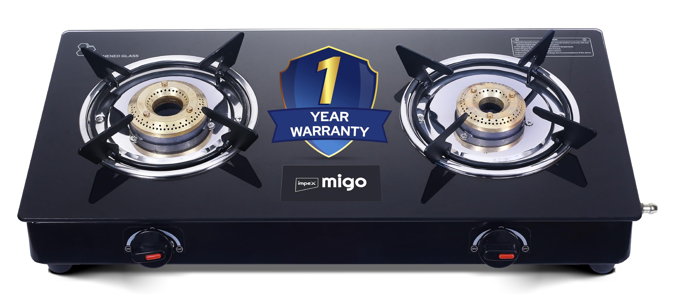 Impex Migo 2 Burner Gas Stove 6 Mm Toughened Glass Top Linea 2B, Manual Ignition Lpg Gas Stove | Strong Metal Body | Isi Certifi