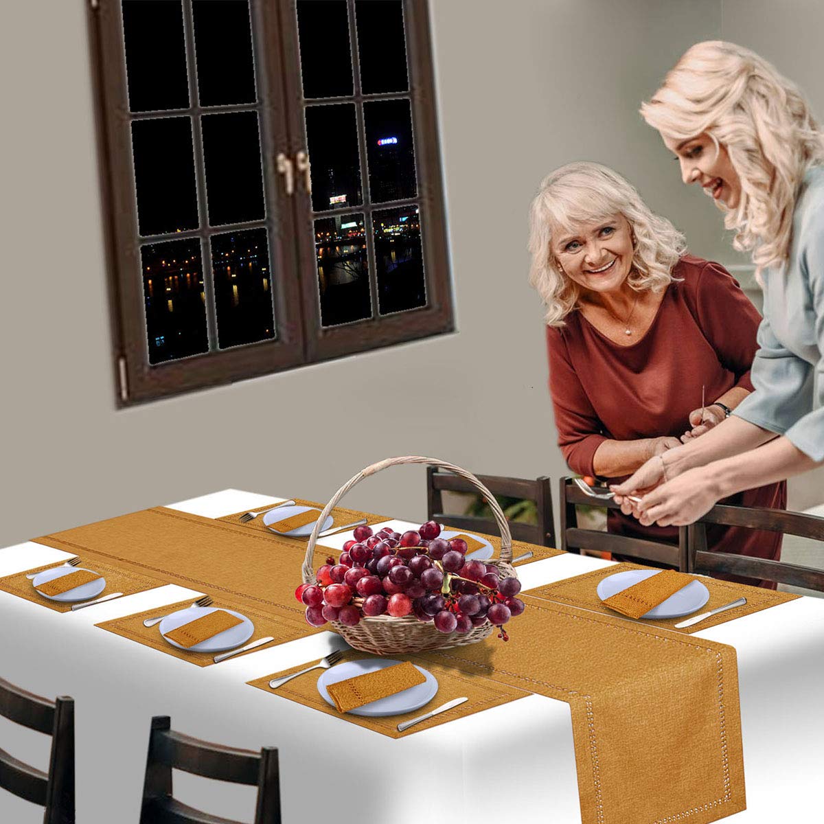 Grelucgo Handcrafted Solid Color Dining Table Runner, Dresser Scarf, Double-Hemstitched (Mustard Gold, 14 X 90)