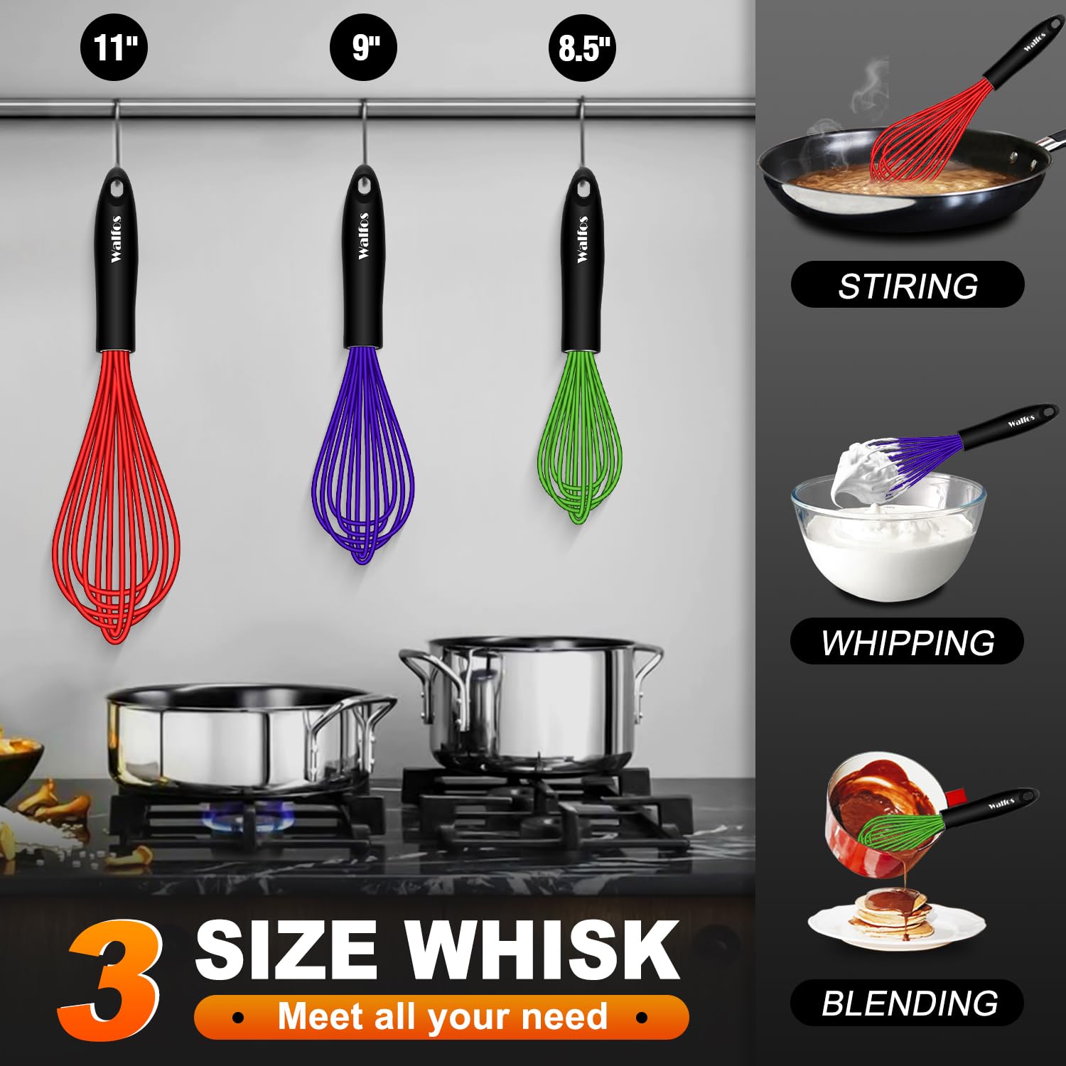 Walfos Whisk,8.5+9+11In Silicone Whisk, Bpa Free Whisks For Cooking Non Scratch. Heat Resistant(480F) Wisk. Perfect For Blending