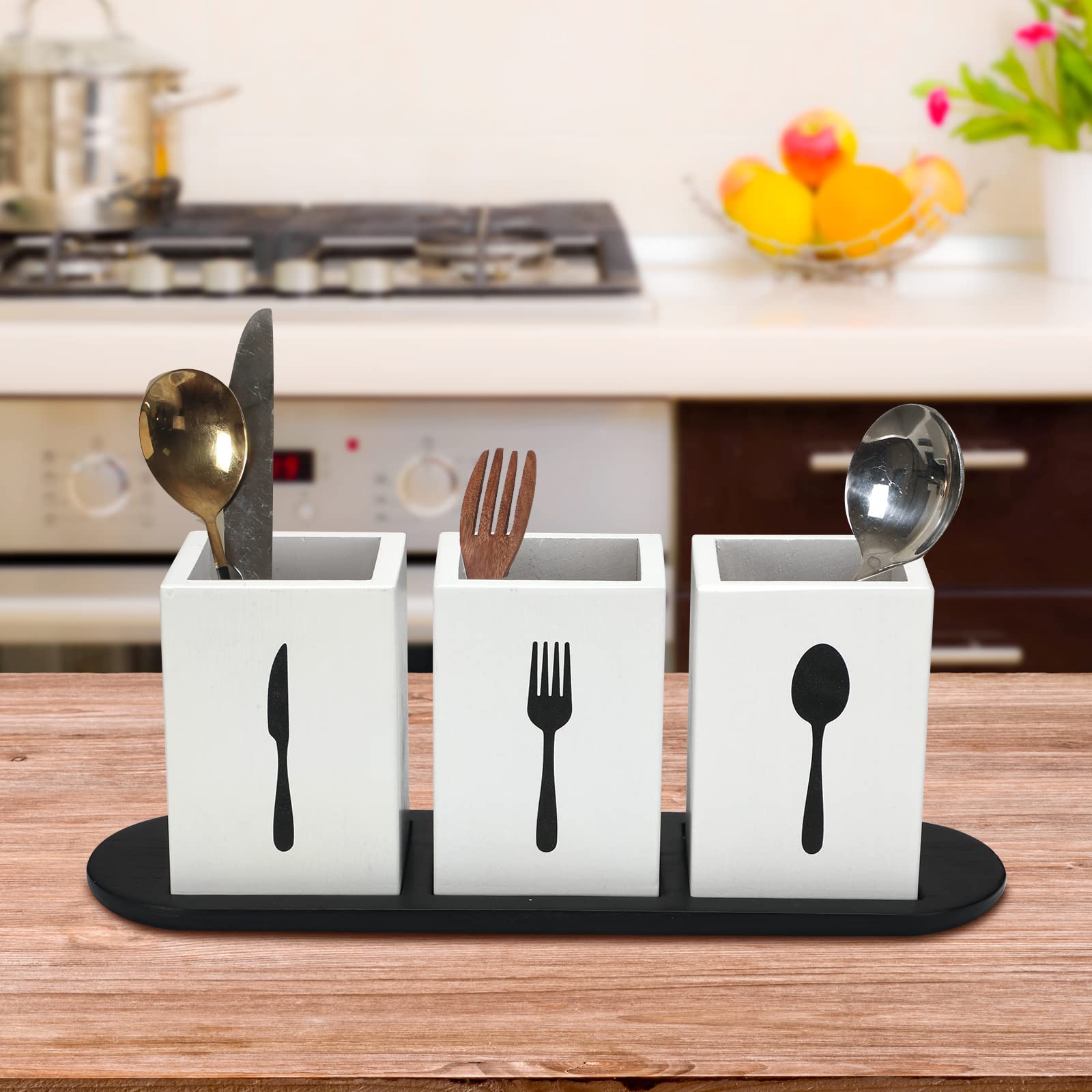Kathfly 4 Pcs Silverware Caddy Utensil Holder For Countertop Silverware Organizer With Wood Tray Spoon Fork Holder For Kitchen P