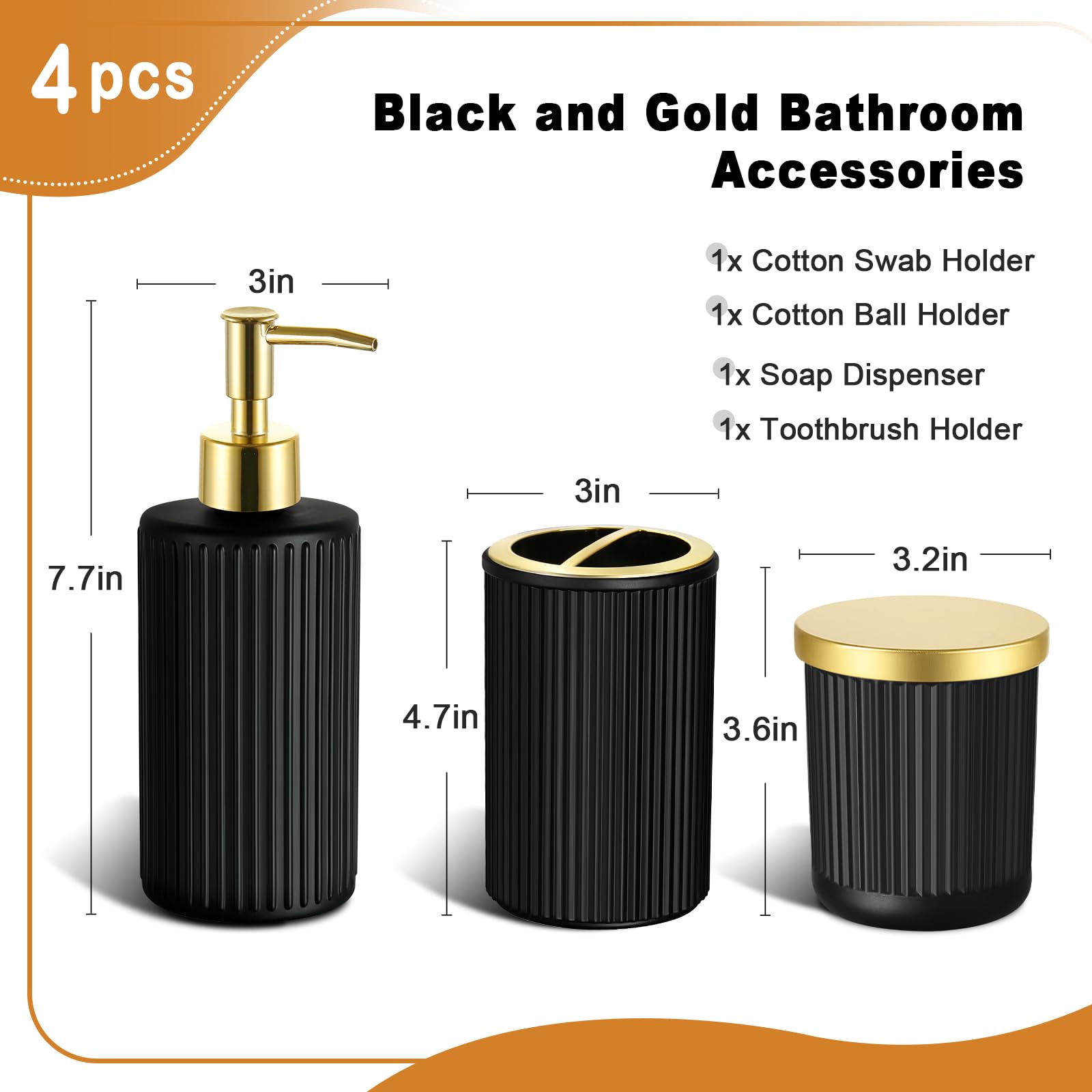 Rytoxilo Matte Black And Gold Bathroom Accessories Set, 4 Pack Glass Bath Accessory Sets Complete, Ribbed Soap Dispenser And Too