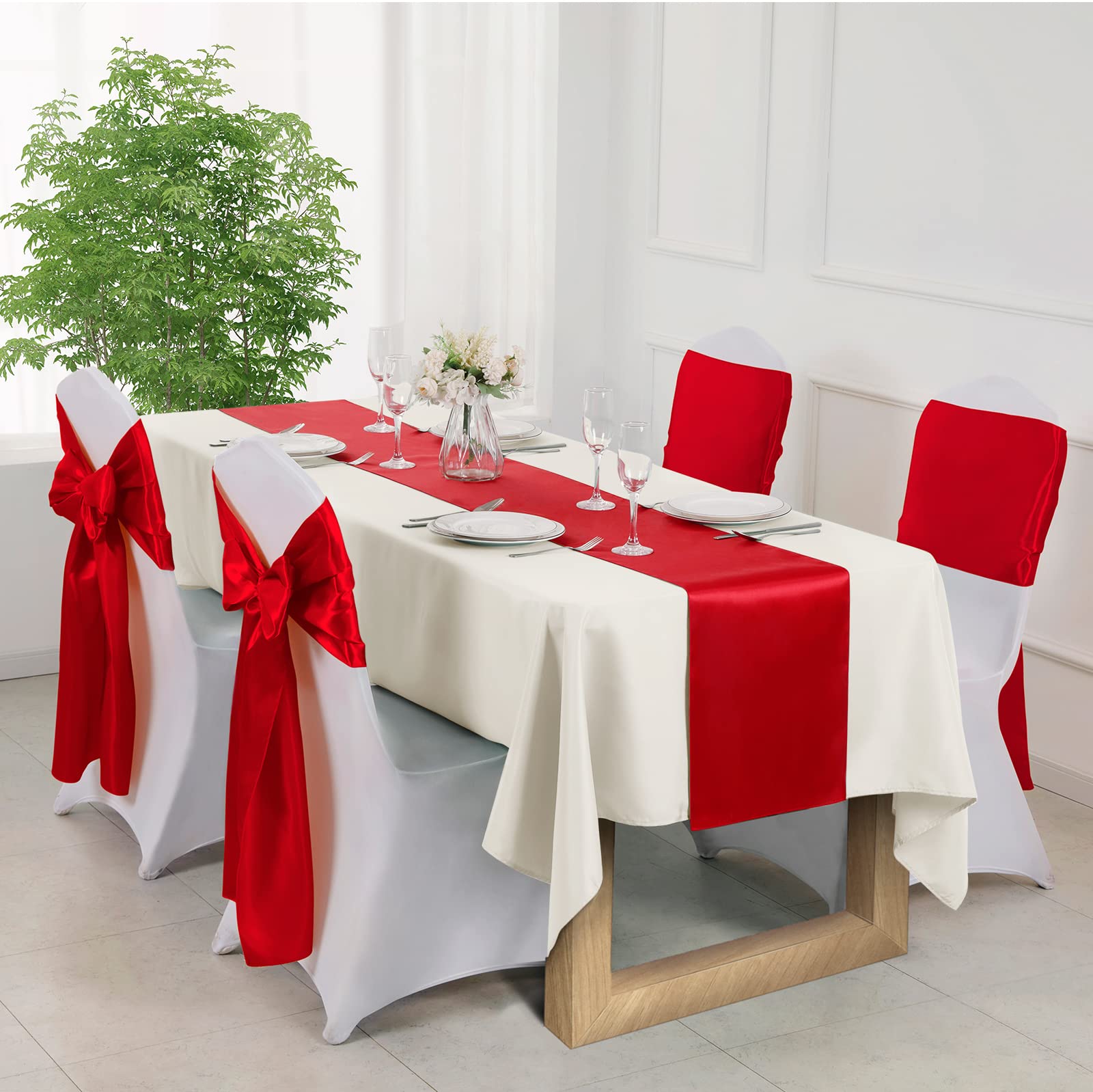 Manyshofu 12Pcs Satin Red Table Runner - 12 x 108 Inch Long Size  Party Table Runner Decor Bright & Smooth Wedding Decorations Table Runner for Banquet Chef Birthday Buffet Dinner Graduations