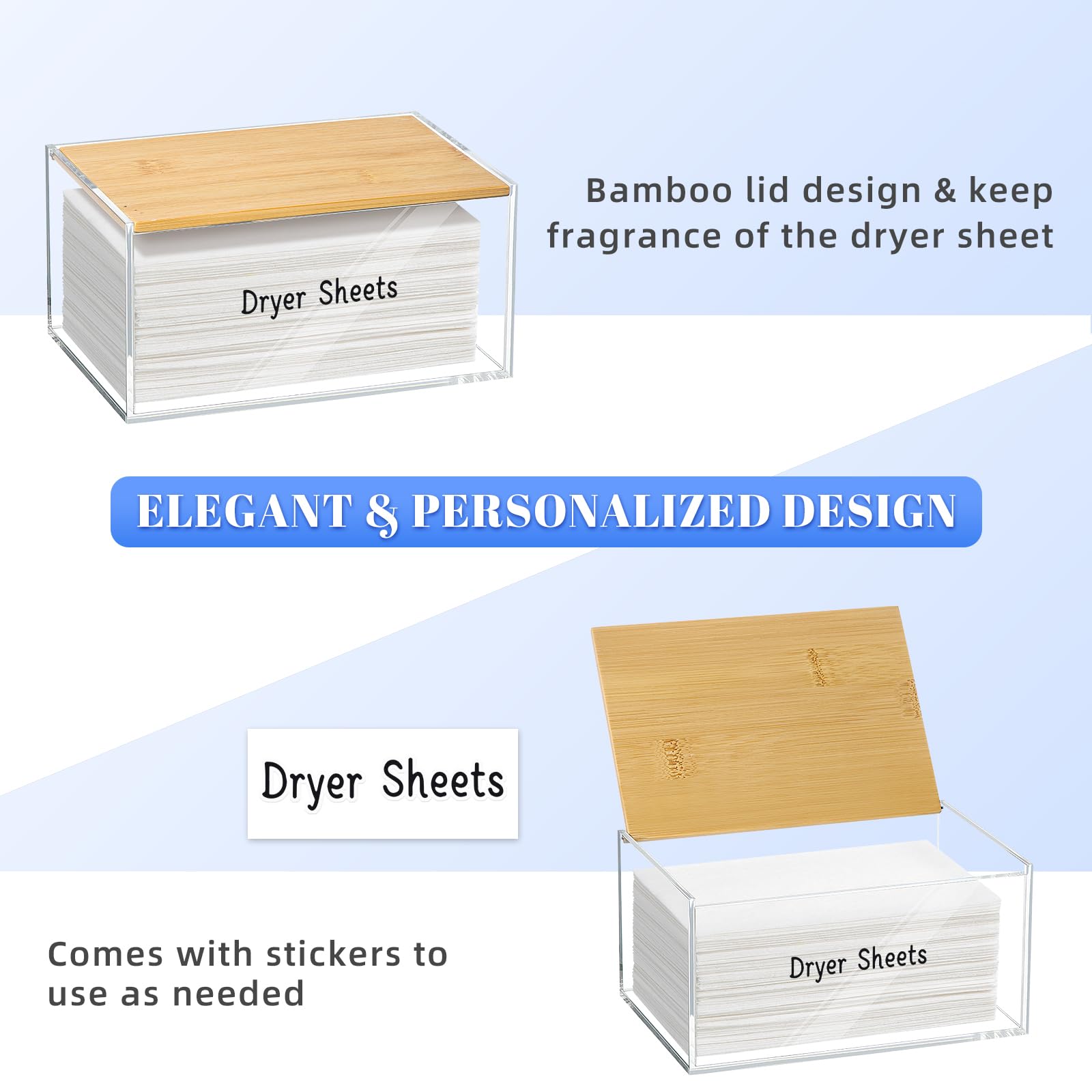 Dryer Sheet Holder, Acrylic Dryer Sheet Dispenser With Bamboo Lid, Acrylic Tissue Box, Dryer Sheet Container, Acrylic Dryer Shee