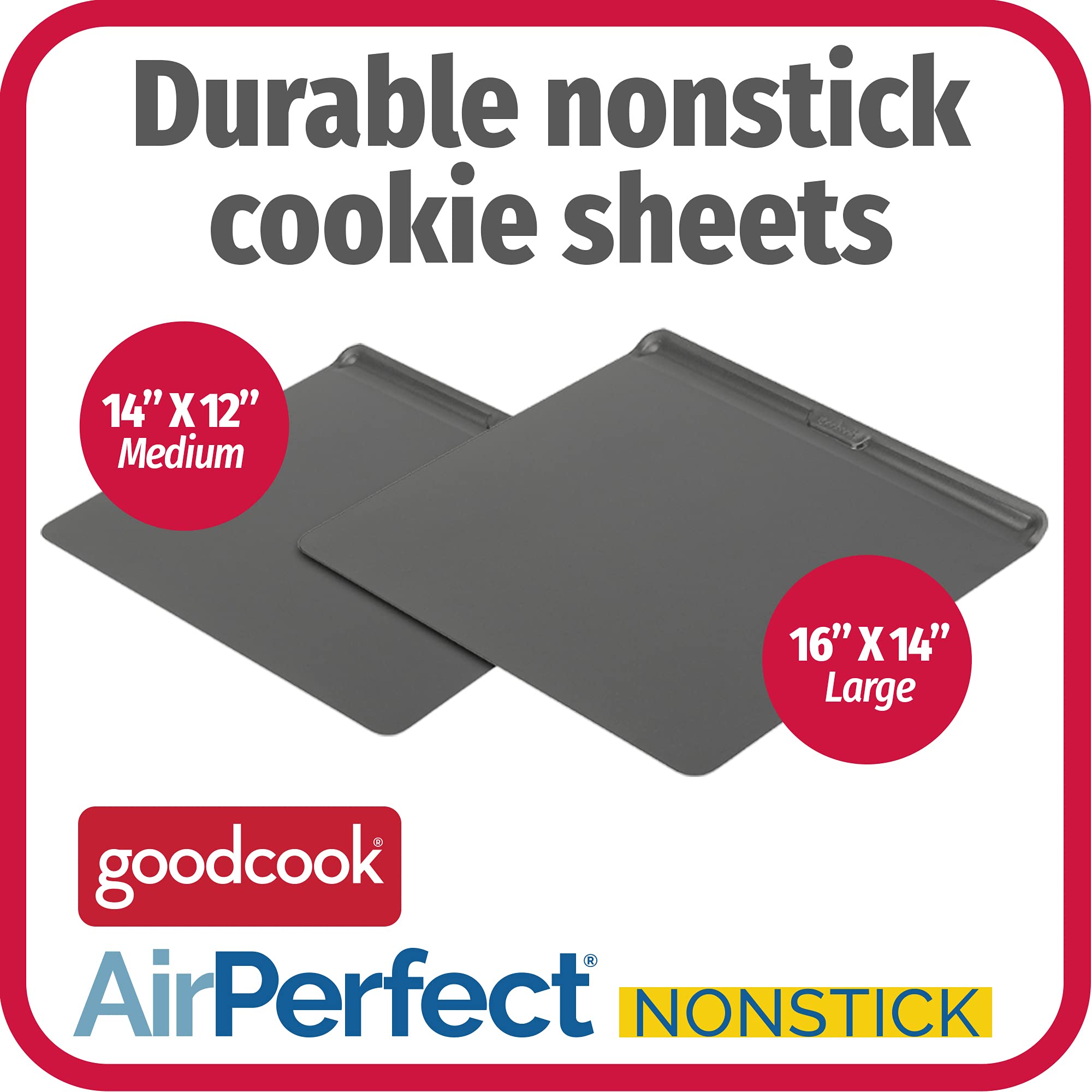 GoodCook AirPerfect Non-Stick Cookie Sheet Set, 2 Piece - Carbon Steel, Large 16” x 14” & Medium 14” x 12”, Gray