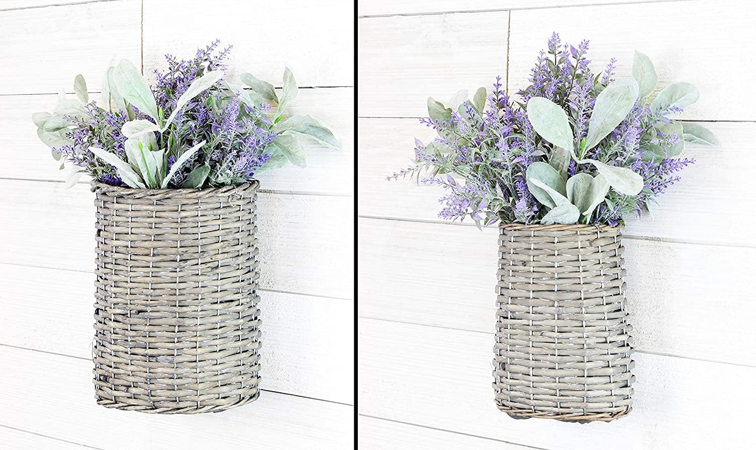 AuldHome Wall Hanging Baskets (Set of 2  Gray); Woven Wicker Rustic Farmhouse Gray Washed Door Baskets  Small and Medium Size