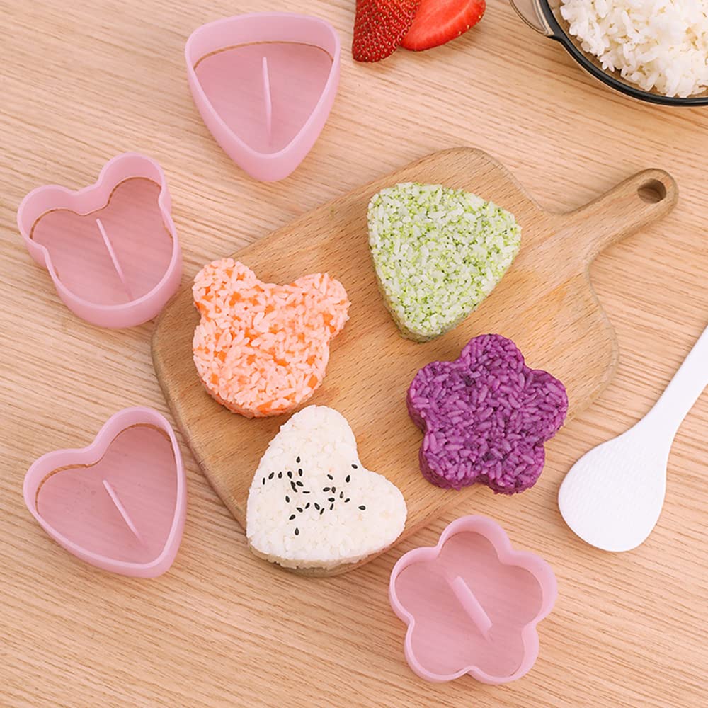 AYCCNH Non Stick Onigiri Mold Triangle  Heart  Bear and Plum Blossom Shaped Rice Ball Press Molds  Creative Sushi Rice Making Kit  With Small Rice Paddle (4 Pieces)