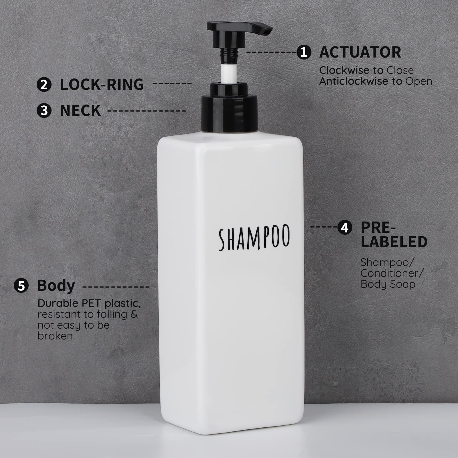 Segbeauty Plastic Soap Dispenser, 3Pcs 16.9Oz Refillable Shampoo Bottles White, 500Ml Empty Square Pump Press Bottle Shower Disp