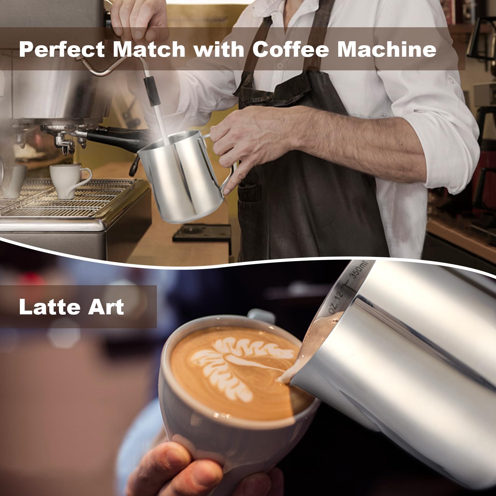 LifHap Milk Frothing Pitcher, 12oz Stainless Steel Capuccino Jug, Silver Barista Tool