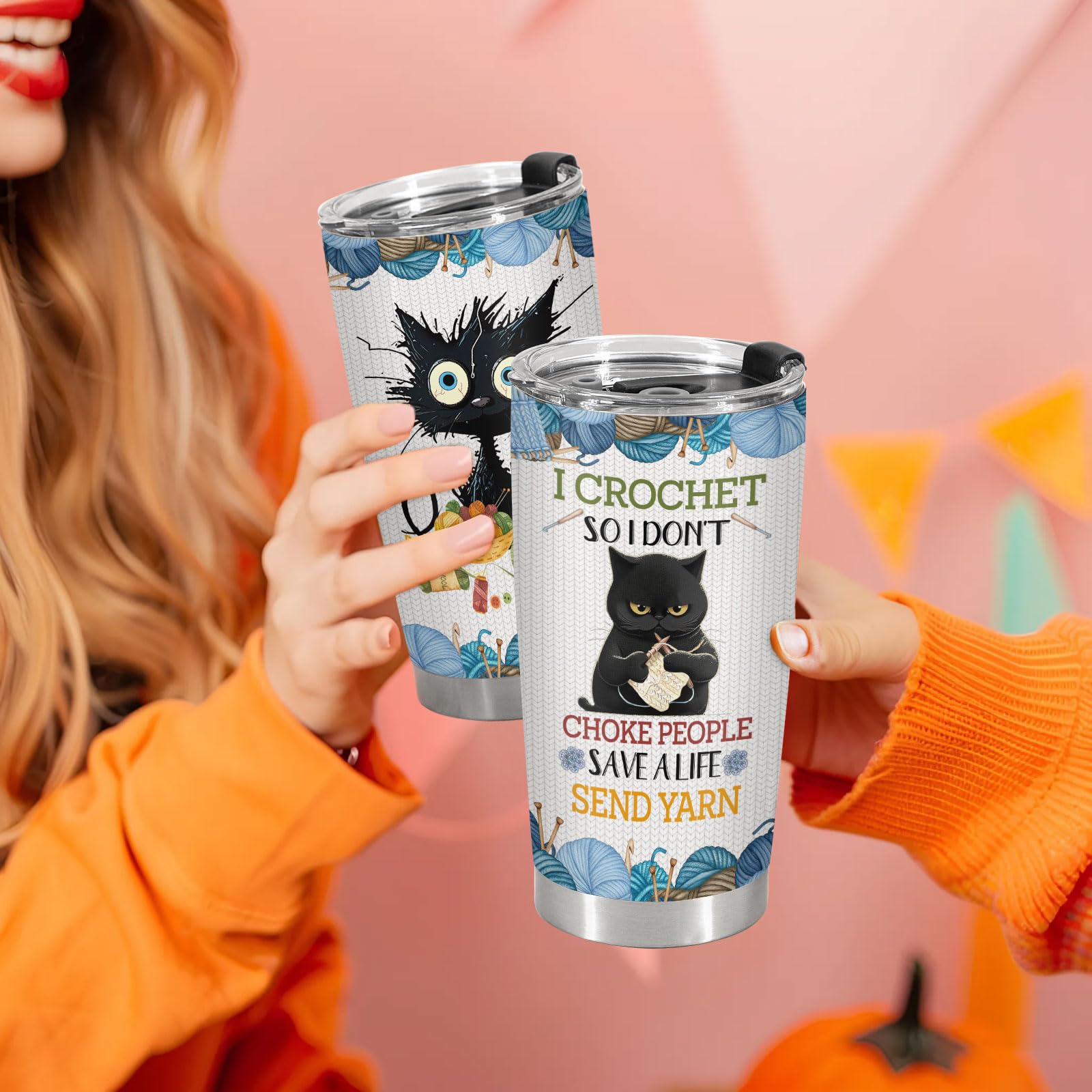 34HD Black Cat Tumbler with Lid, 20oz Vacuum Insulated Cat Coffee Cup, I Crochet So I Dont Choke People Mug, Crochet Lover Gifts