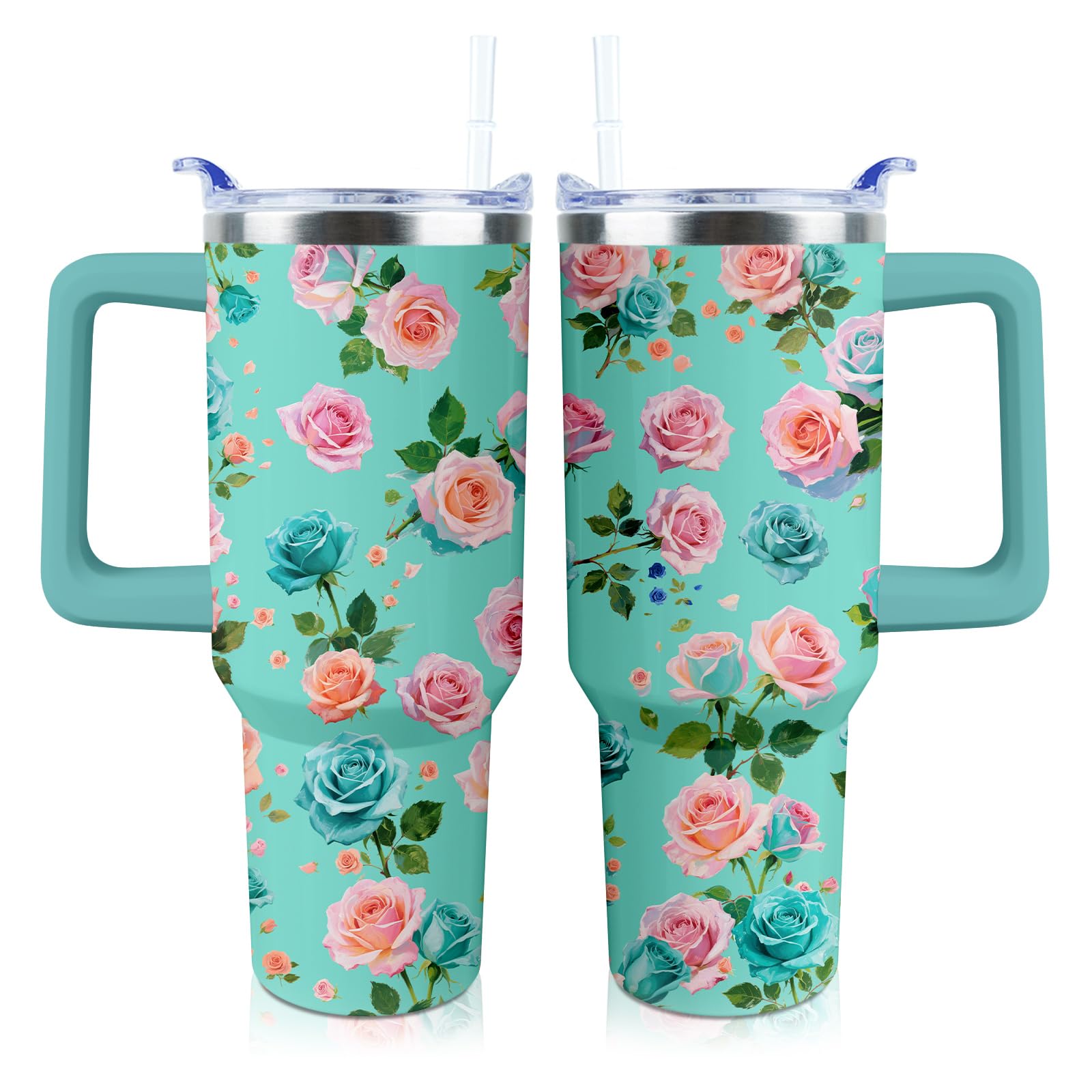 Blue Flowers Tumbler 40 oz Tumbler with Handle and Straw Lid Leak Proof - Blue Floral Coffee Travel Mug with Handle Insulated fo