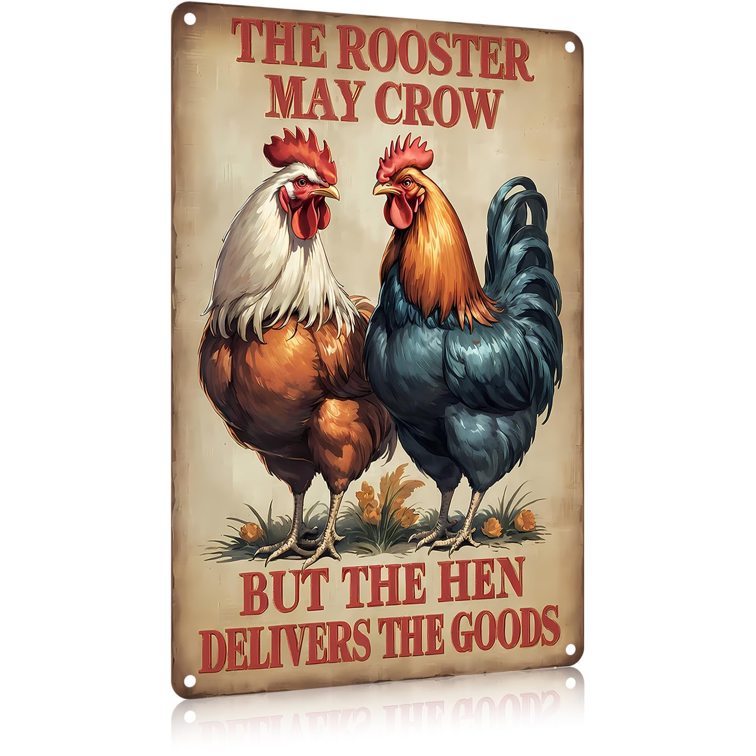 FunnySign Chicken Gifts Rooster D  cor The Rooster May Crow But The Hen Delivers The Goods Rustic Tin Sign For Home Farm Chicken