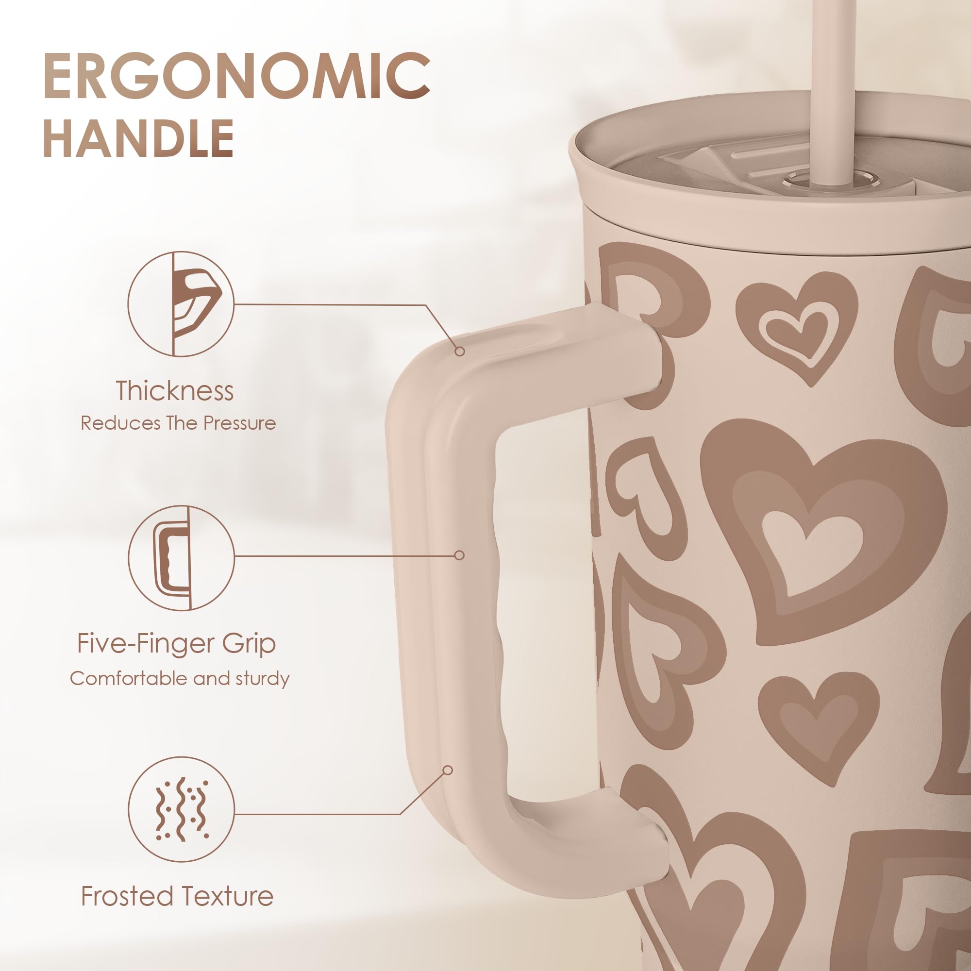 Heart Tumbler with Handle and Straw 40oz - Stainless Sleel Slider Tumbler Travel Coffee Mug for Women - Gift Idea for Birthday C