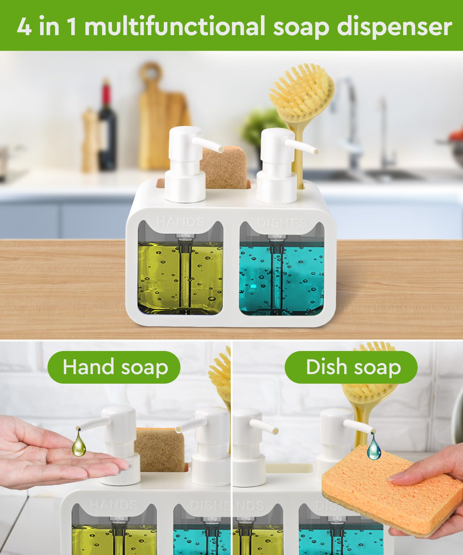 Kitchen Hand Soap and Dish Soap Dispenser Set  Dual Soap Dispenser with Sponge Caddy and Brush Holder 4-in-1 Organizer for Kitchen Sink Countertop  Useful Kitchen Gadgets - White
