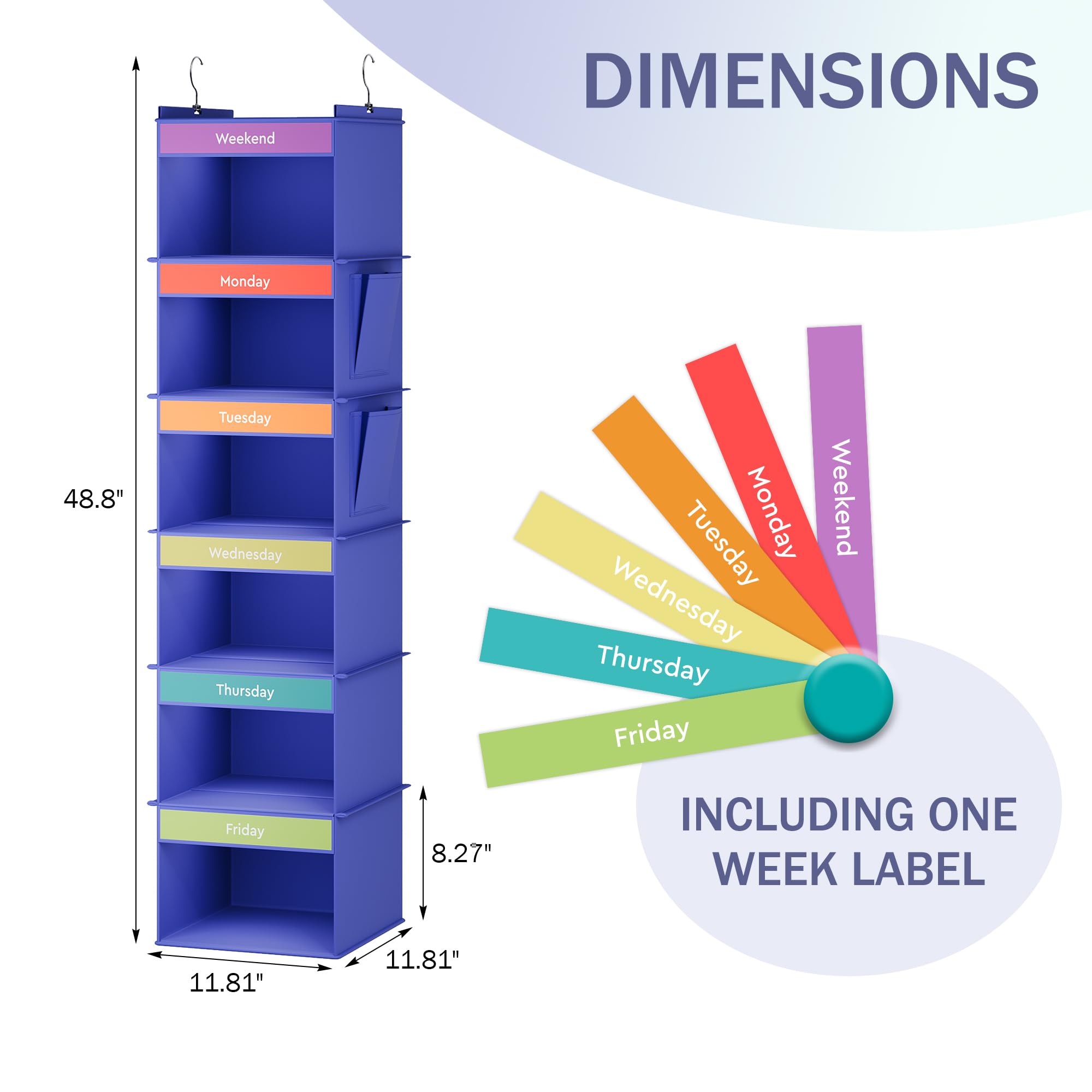 Youdenova 6-Shelf Weekly Hanging Closet Organizer, Weekly Clothes Organizers For Kids With 2 Side Pockets, Blue
