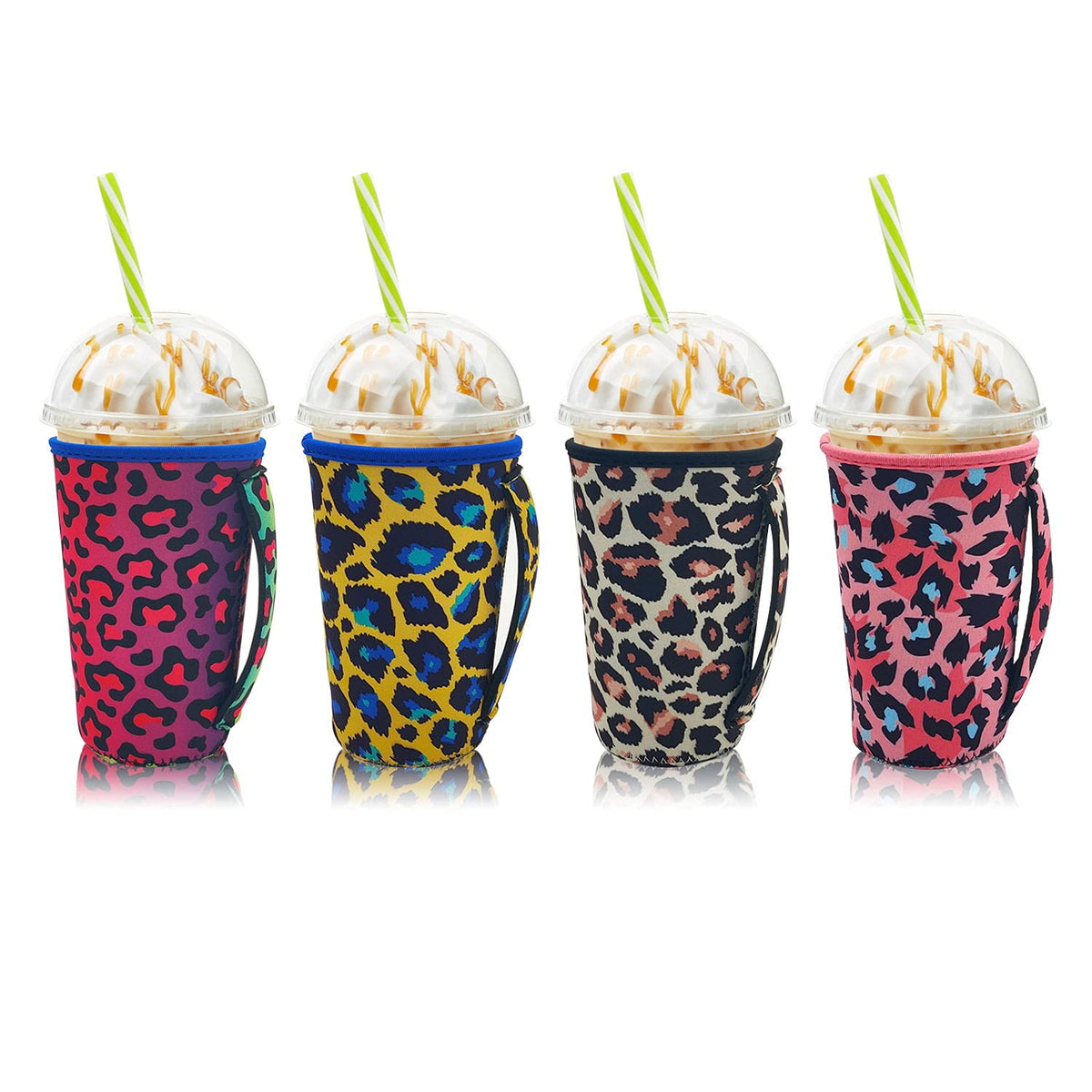 4Pack Reusable Iced Coffee Sleeve Insulator Cup Sleeves With Handle For Cold Drinks Beverages, Fits 30 - 32 Oz Large Coffee Cups