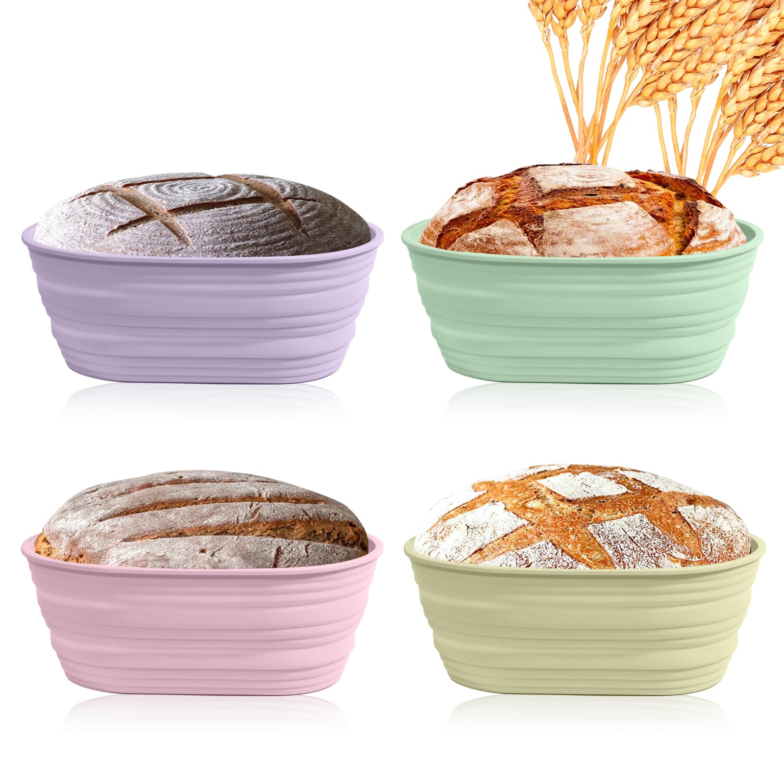 Ycgcp 4Pcs Silicone Banneton Bread Proofing Baskets, 10 Collapsible Sourdough Bread Baking Supplies Non-Stick Oval Dough Proofin