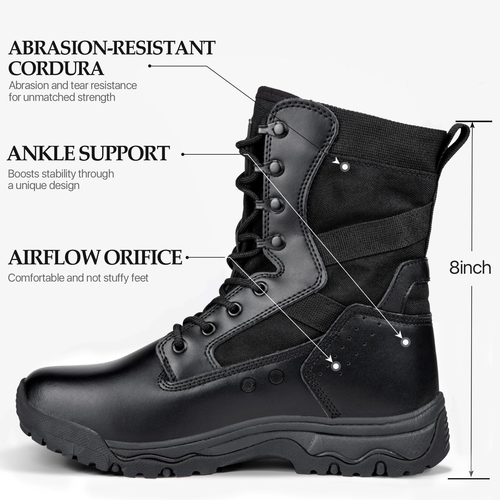 Free Soldier Menas Tactical Boots 8 Inches Lightweight Combat Boots Durable Suede Leather Military Work Boots Desert Boots(Black