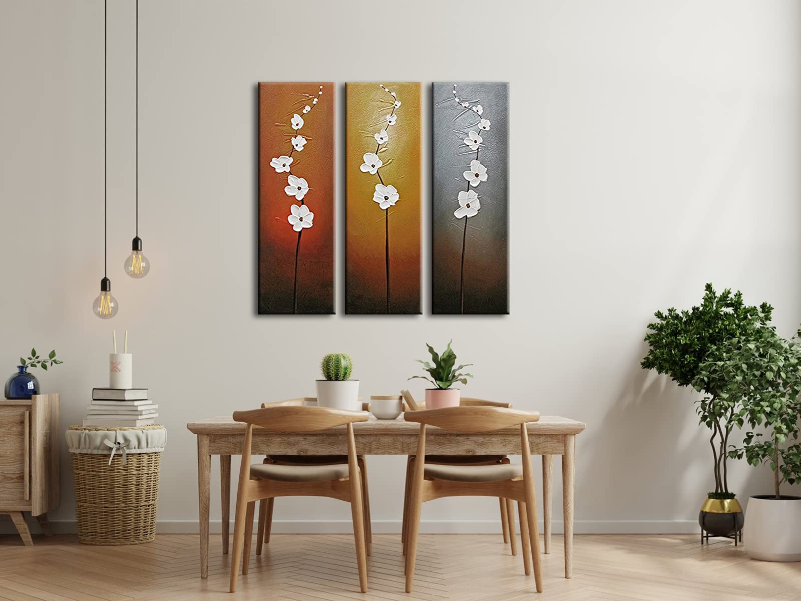 Wieco Art 3 Piece White Flowers Oil Paintings On Canvas Wall Art For Living Room Bedroom Home Decorations Modern Stretched And F